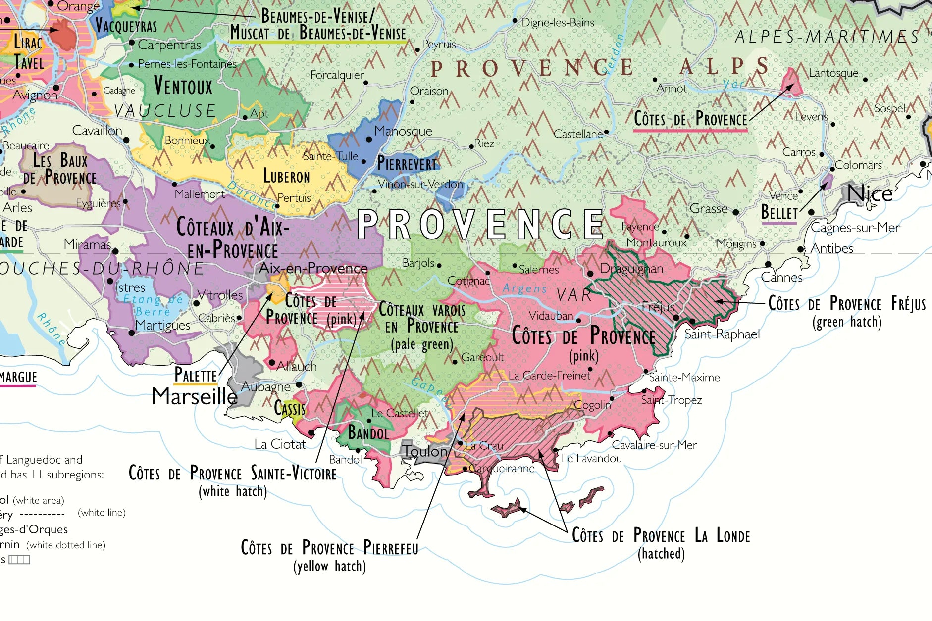 De Long Wine Map of France: Provence vineyards, color-coded by appellation and region.