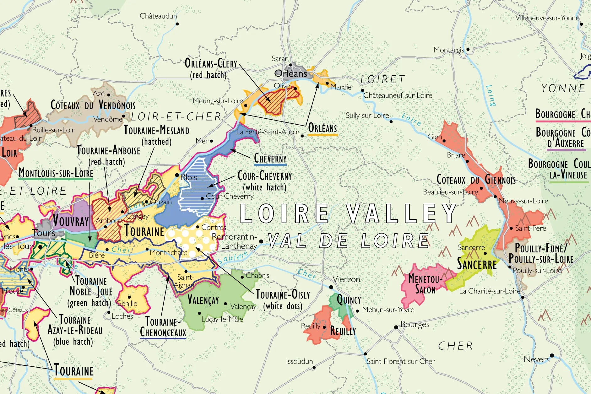 De Long Wine Map of France: Loire Valley with detailed subregions and appellations clearly illustrated.