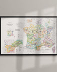 The Wine Map of France IGPs Framed features a wood frame and displays France’s wine regions, major cities, IGPs, labeled borders, and neighboring countries with colorful detail; insets provide close-up views of key areas.