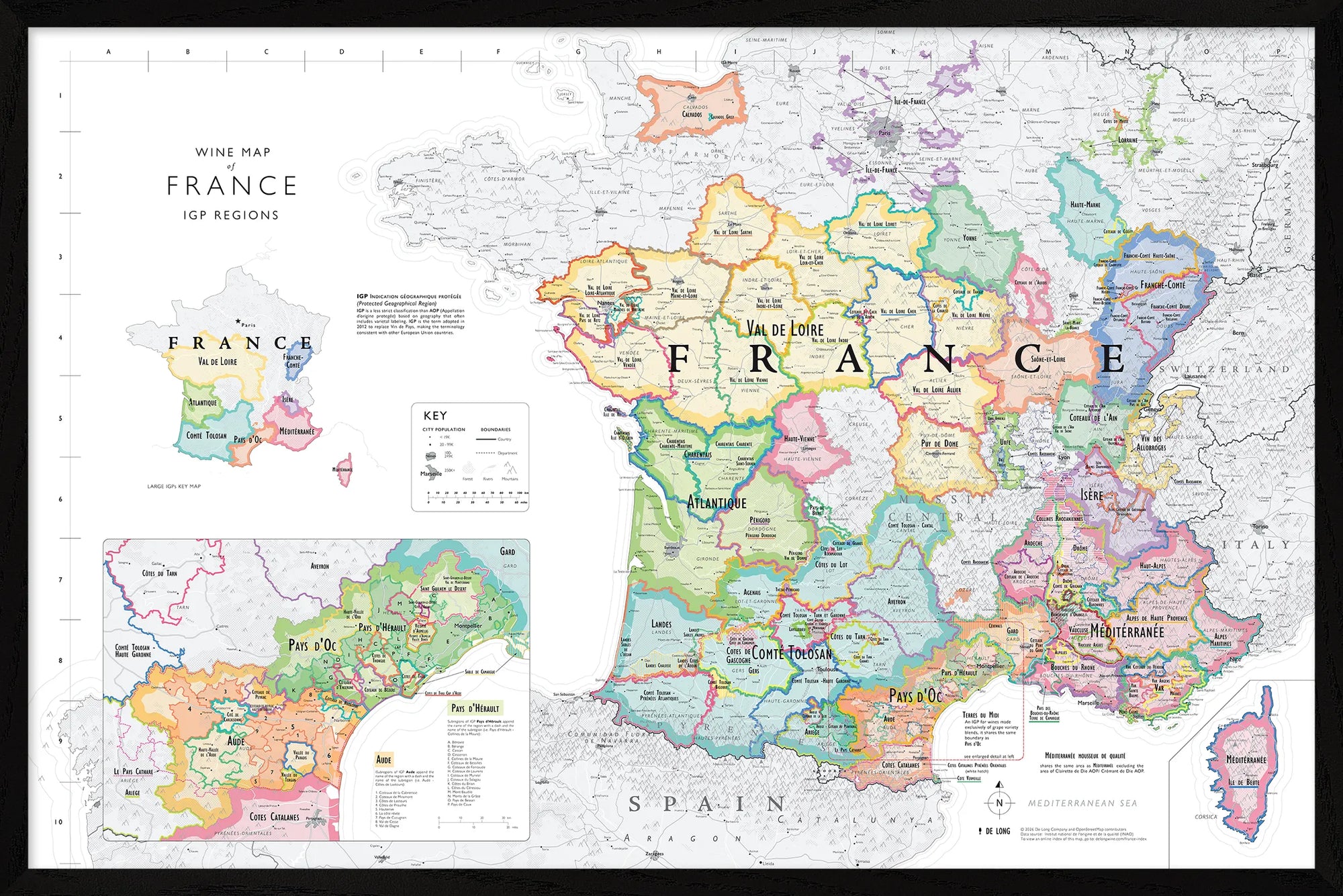 De Long Wine Map of France IGPs Framed features labeled wine regions and color-coded boundaries.