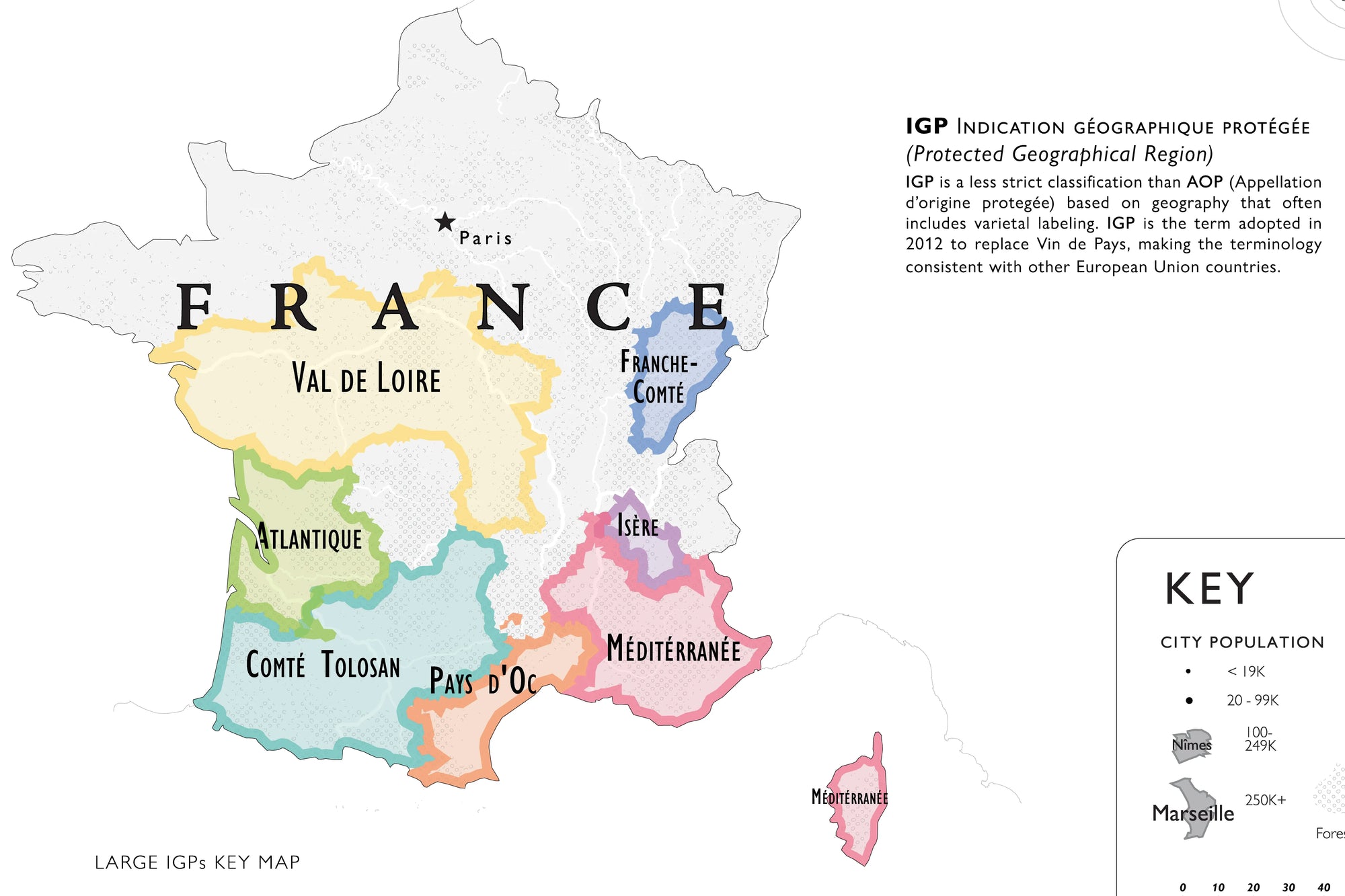 De Long Wine Map of France IGPs on premium matte paper with city populations and color-coded regions.