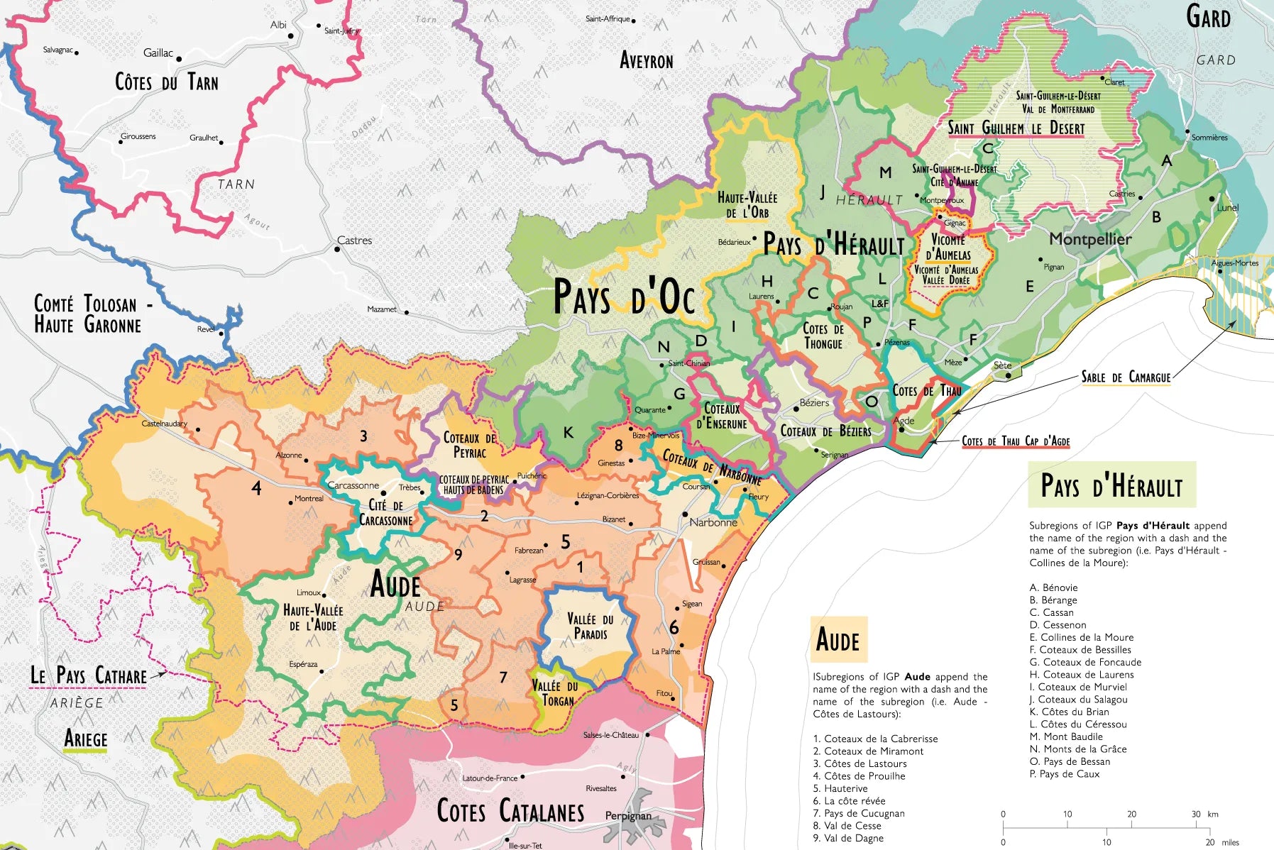 De Long Wine Map of France IGPs in Aude &amp; Hérault, with labels, borders, on premium matte paper.