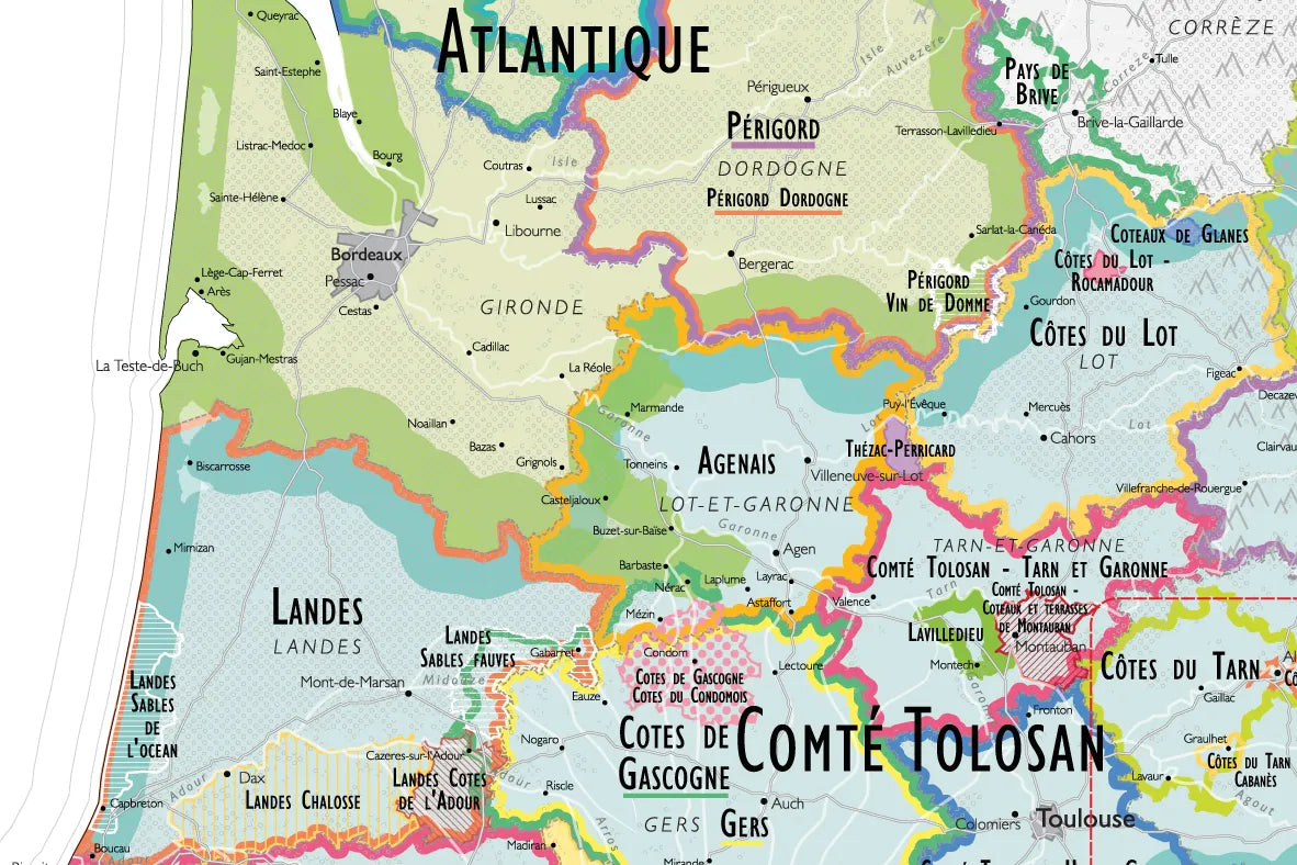 De Long Wine Map of France IGPs, focusing on southwest France, Bordeaux &amp; Armagnac; printed on premium matte paper.