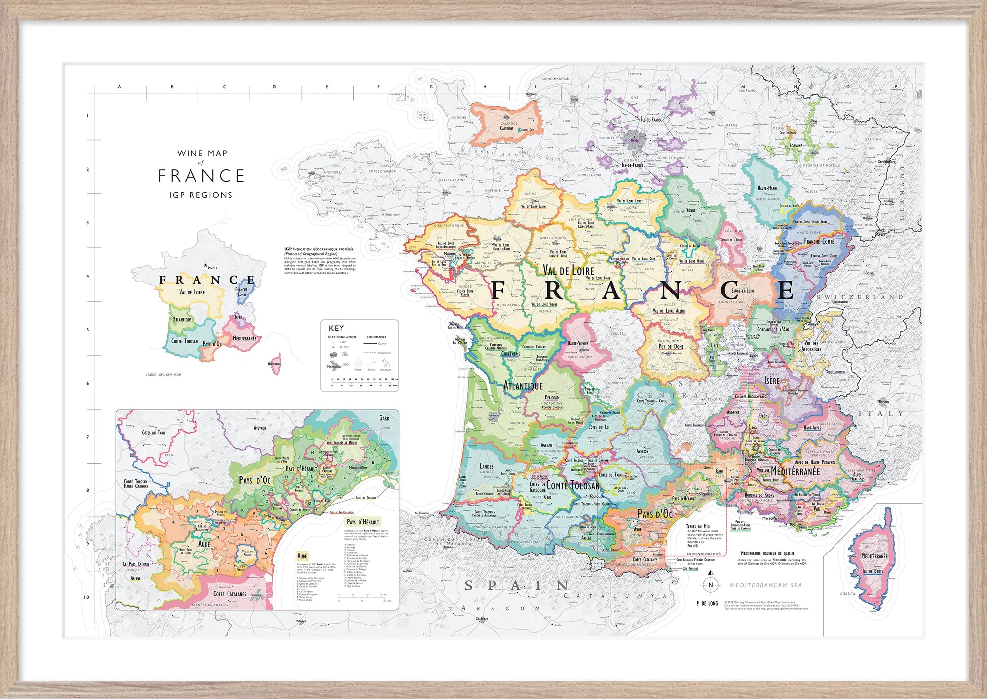 De Long Wine Map of France IGPs Framed features detailed regions, colorful borders, labels, and an informative key.