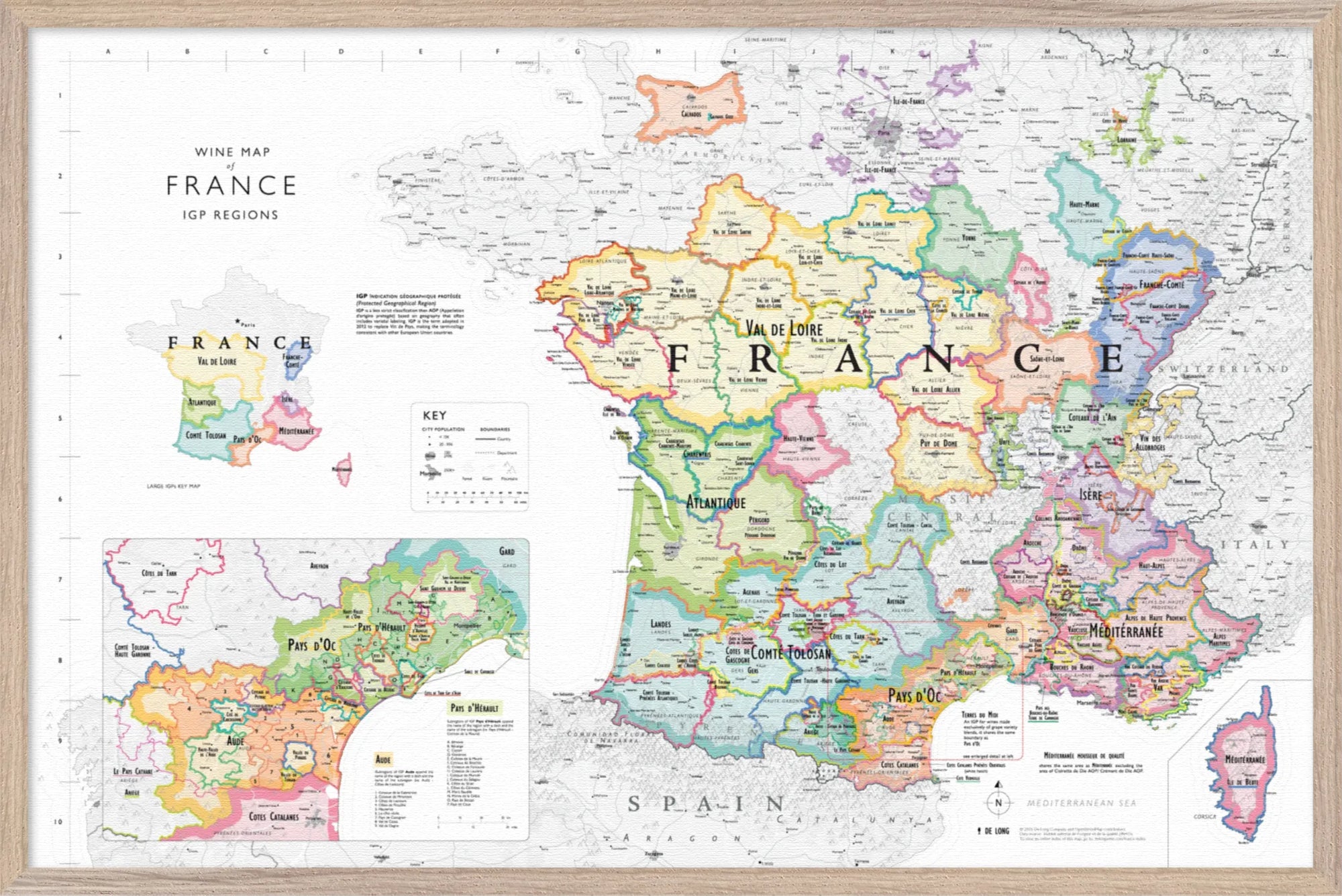The De Long Wine Map of France IGPs Framed shows color-coded wine regions and Corsica in a wood frame.