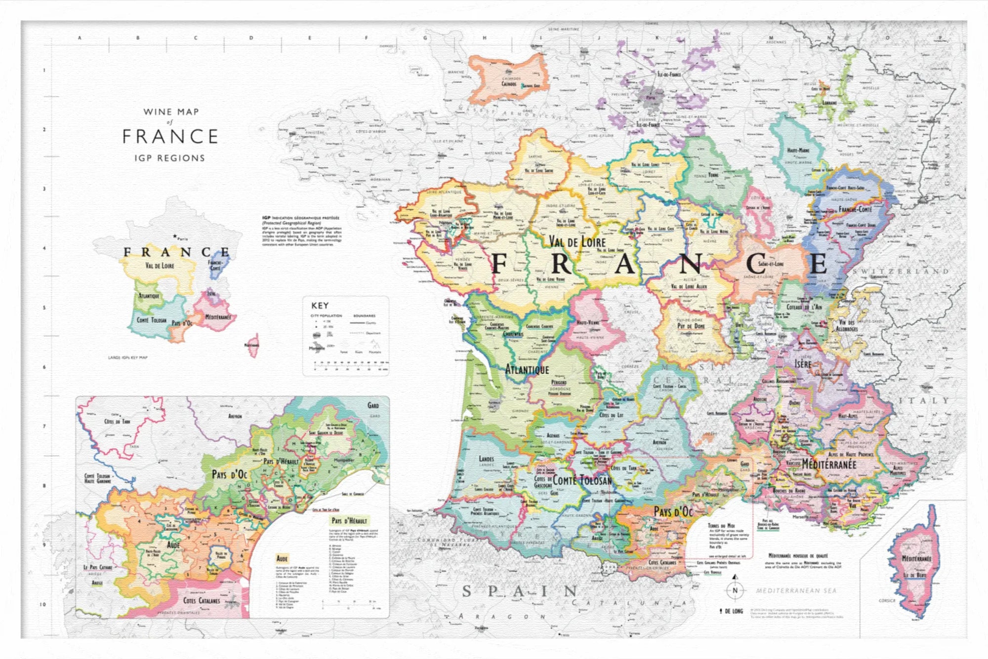 De Long Wine Map of France IGPs Framed features colored region borders and a Corsica inset.
