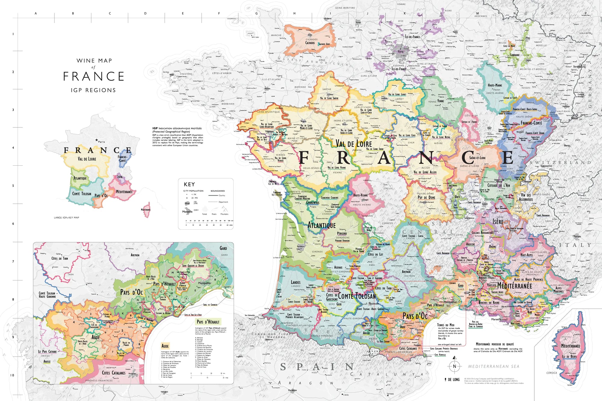 The "Wine Map of France IGPs - Art Print" is an extra large, colorful map highlighting detailed IGPs like Pays d’Oc, Val de Loire, and Sud-Ouest. Includes a southern France inset and a key for region types.
