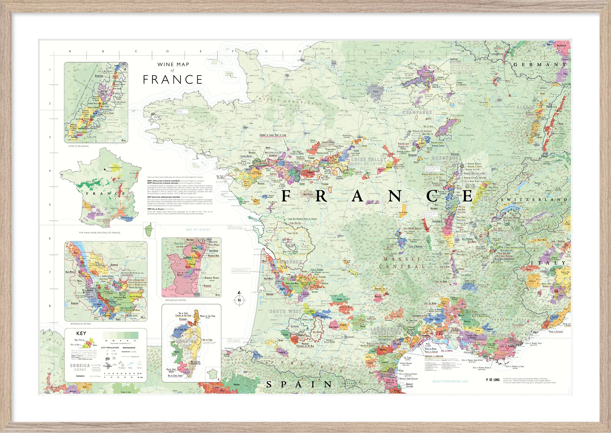De Long Wine Map of France Framed details AOP regions, appellations, inset maps, and a legend.
