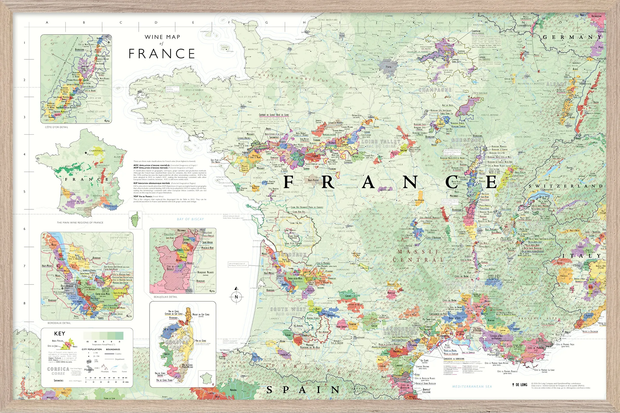 The De Long Wine Map of France Framed shows major regions, color-coded appellations, and geographic details.