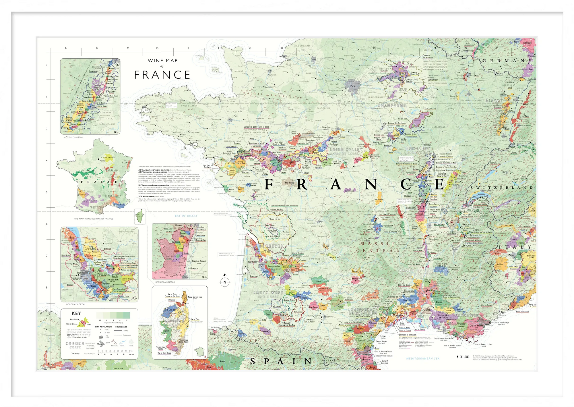 The De Long Wine Map of France Framed features color-coded regions and inset maps, elegantly wood-framed.