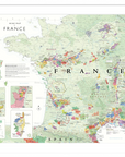 The De Long Wine Map of France Framed features color-coded regions and inset maps, elegantly wood-framed.