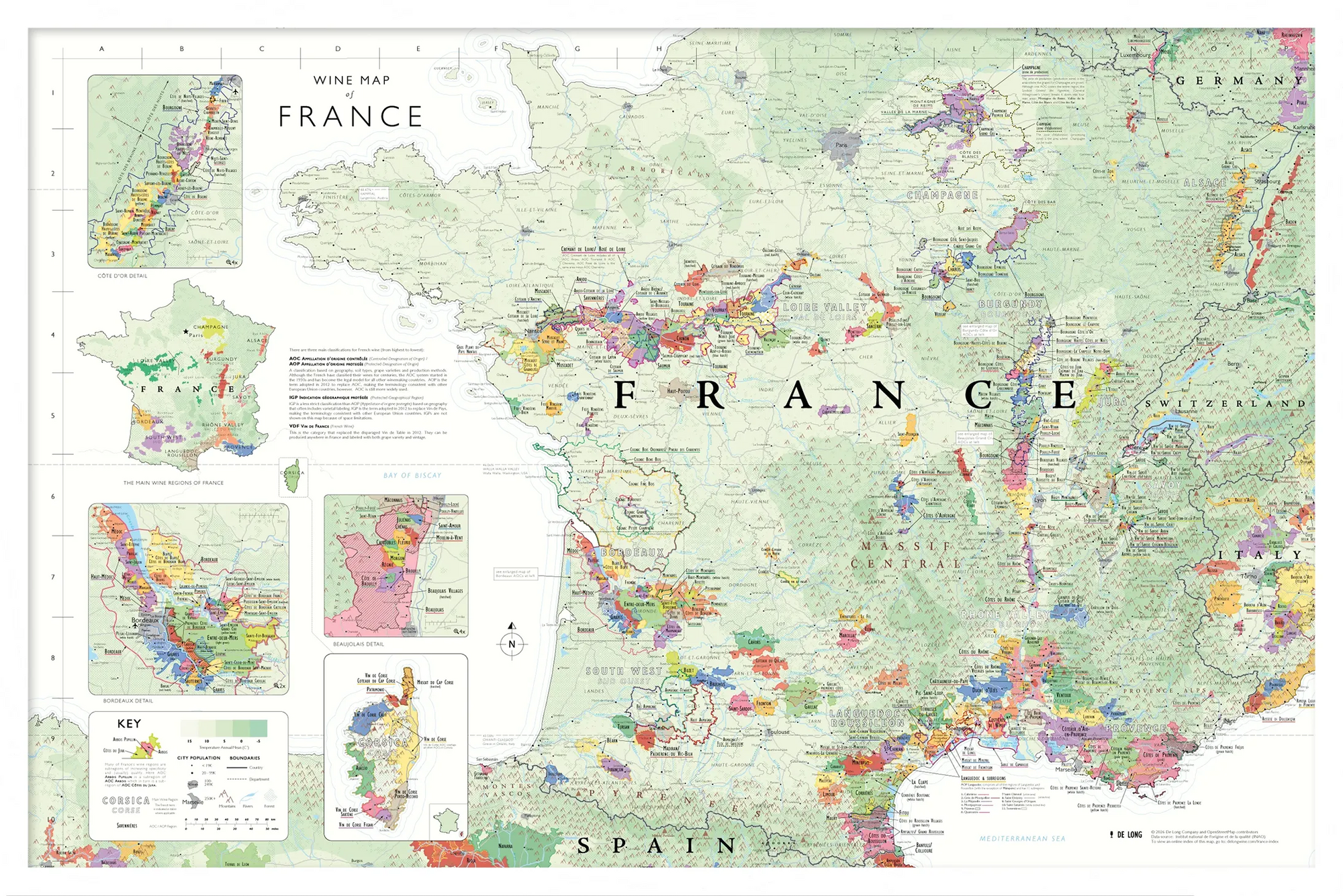 De Long Wine Map of France Framed with colorful regions, inset maps, labels, and a key.