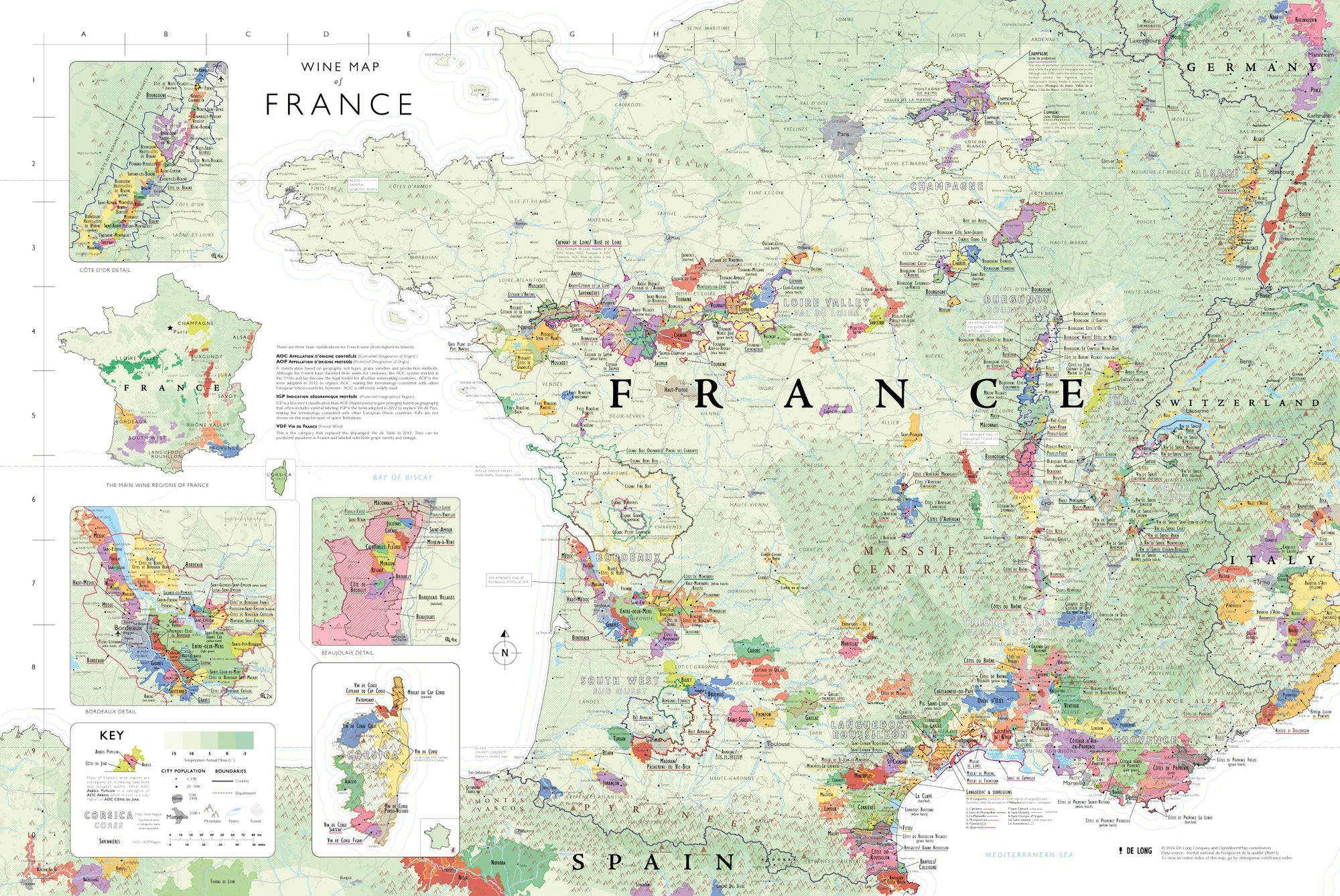 De Long Wine Map of France: detailed French wine regions, highlighted areas, key cities, and region labels.