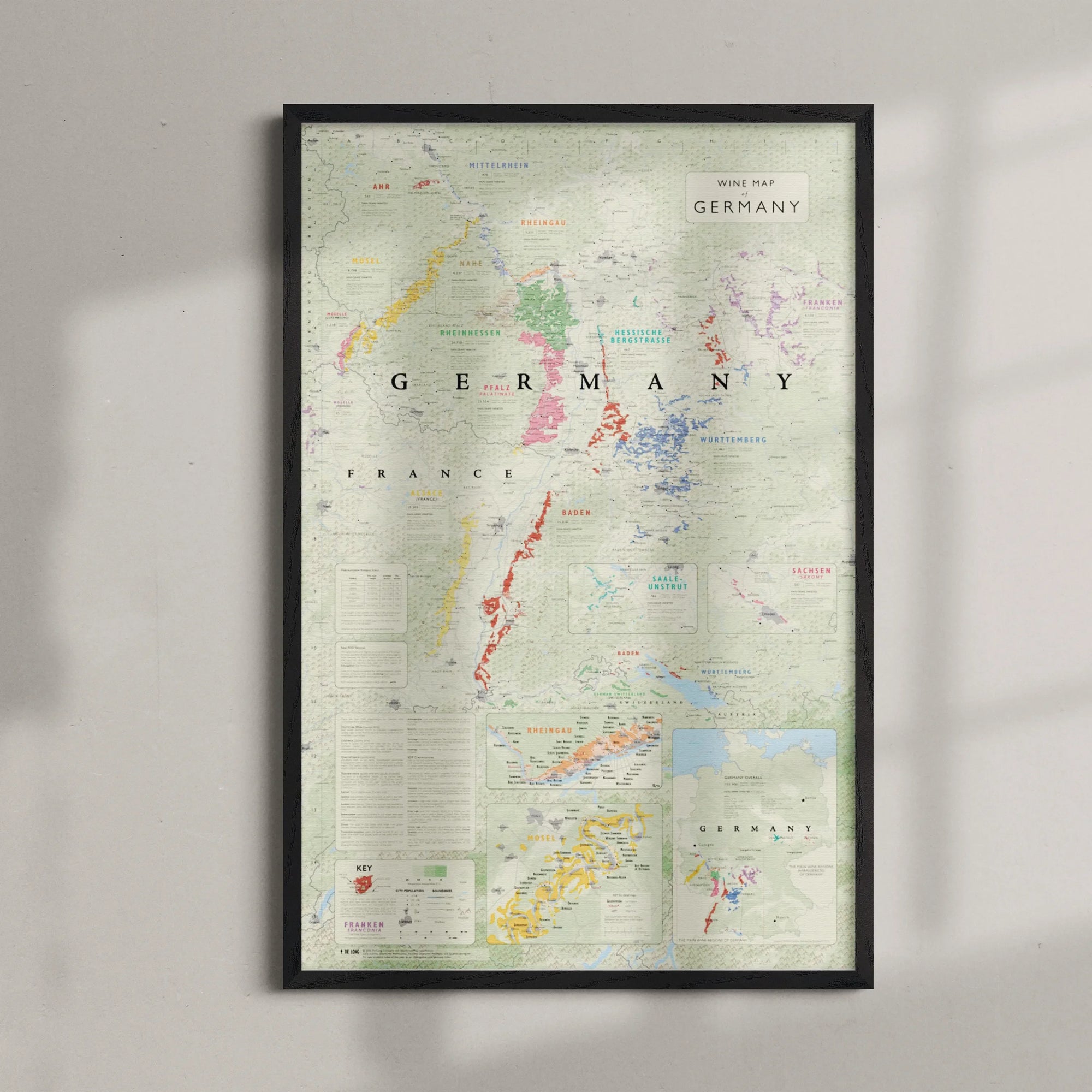 De Long’s Wine Map of Germany Framed displays labeled wine regions and cities in color, ideal for a light wall.