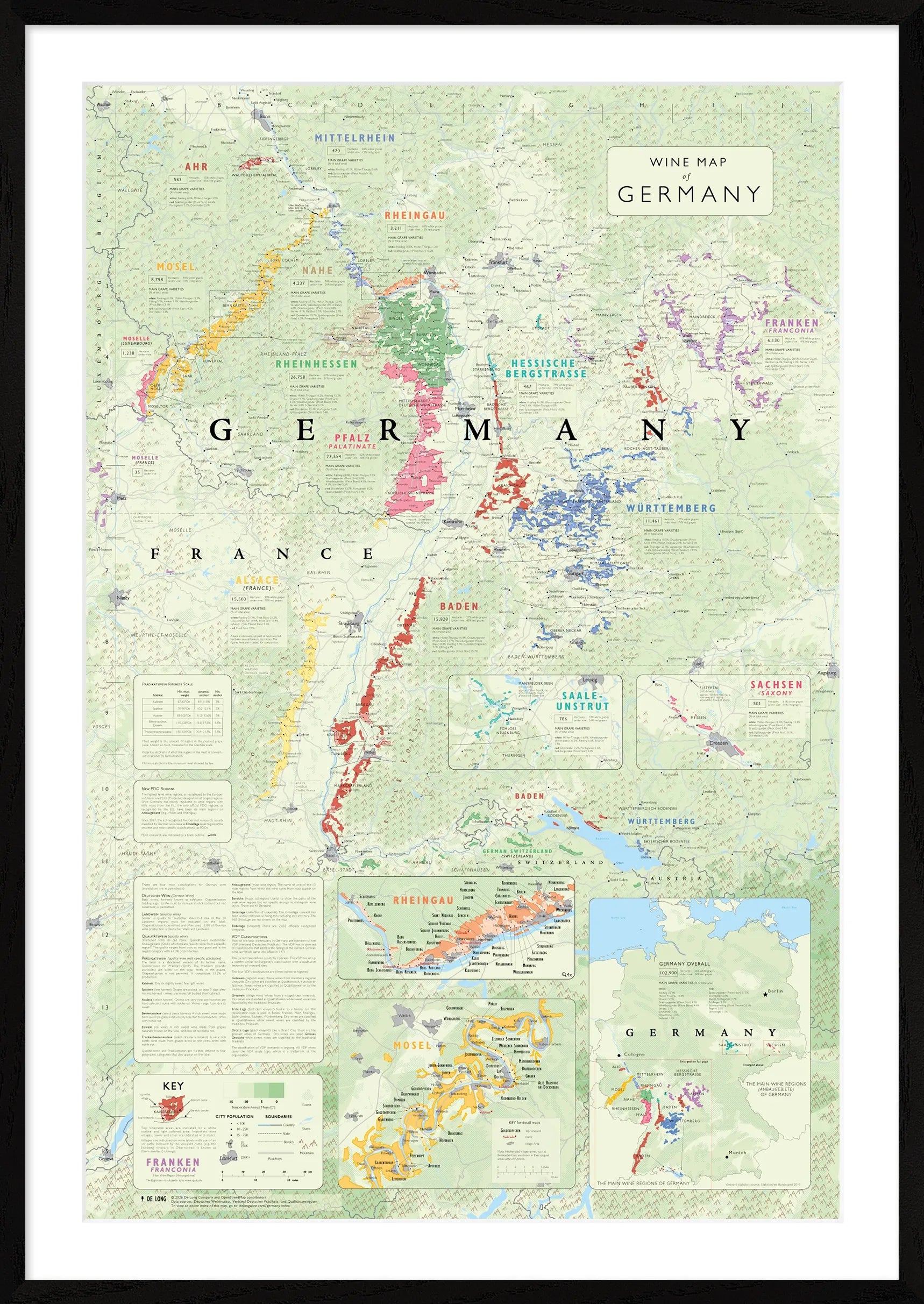 De Long Wine Map of Germany Framed features colored German wine regions and detailed regional maps.