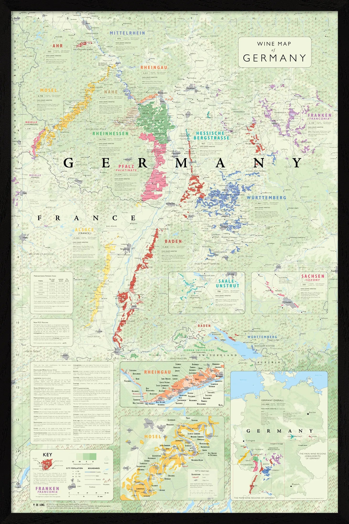 De Long Wine Map of Germany Framed: major regions highlighted in color with regional insets and a key.