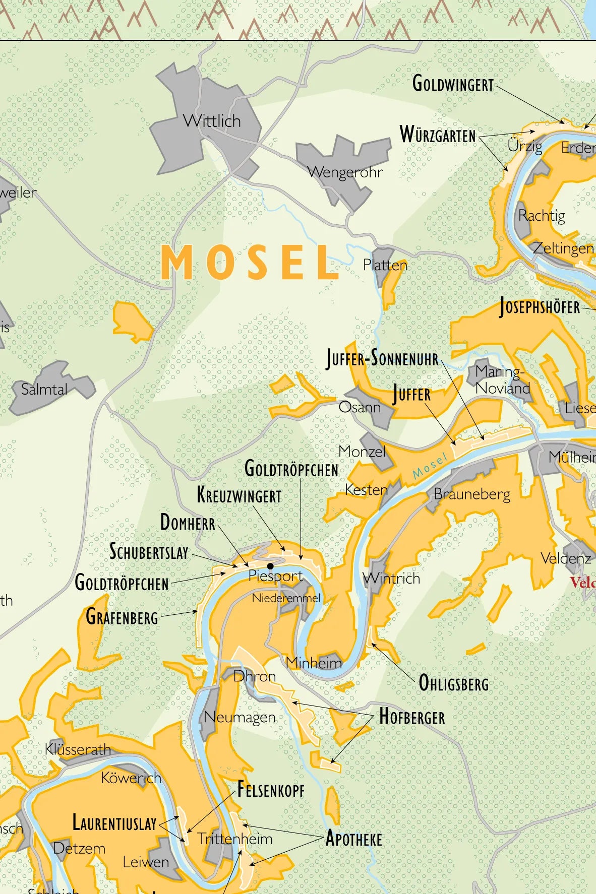 De Long Wine Map of Germany highlighting the Mosel region with vineyards like Würzgarten and Goldtröpfchen.