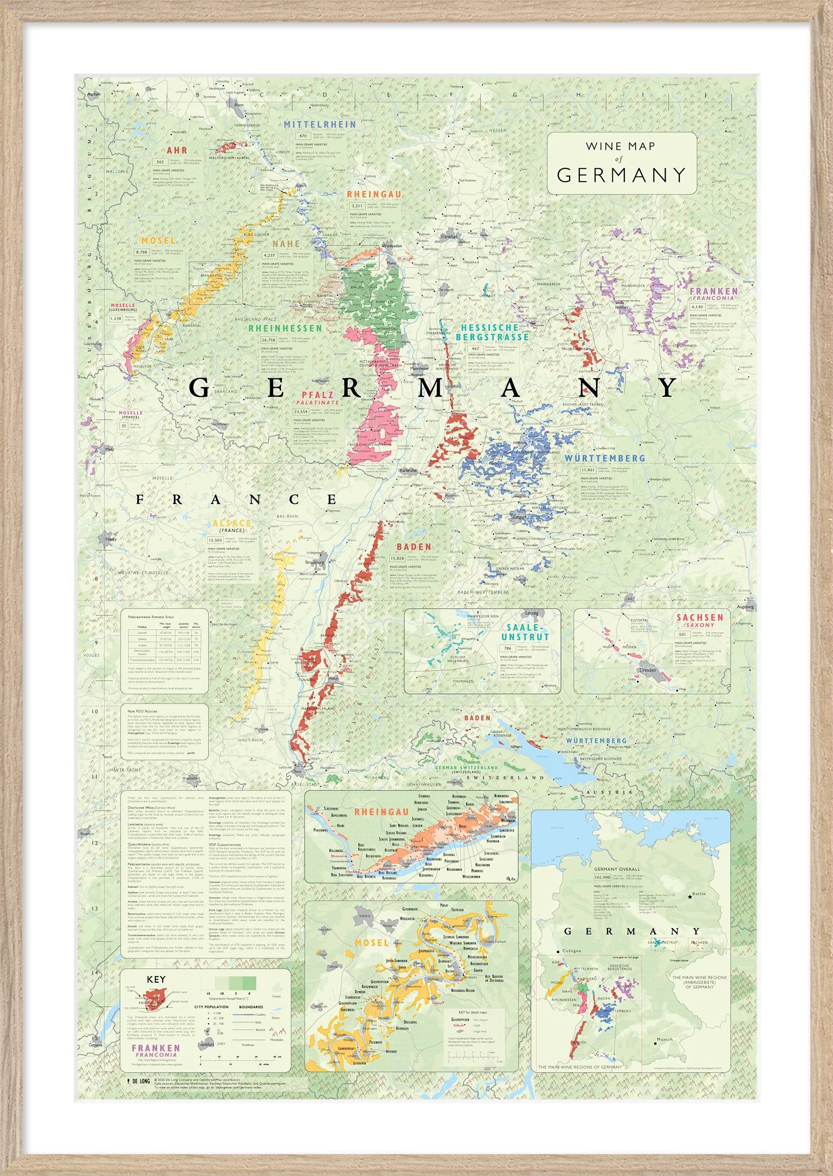 De Long Wine Map of Germany Framed shows major wine regions with color codes and regional insets.