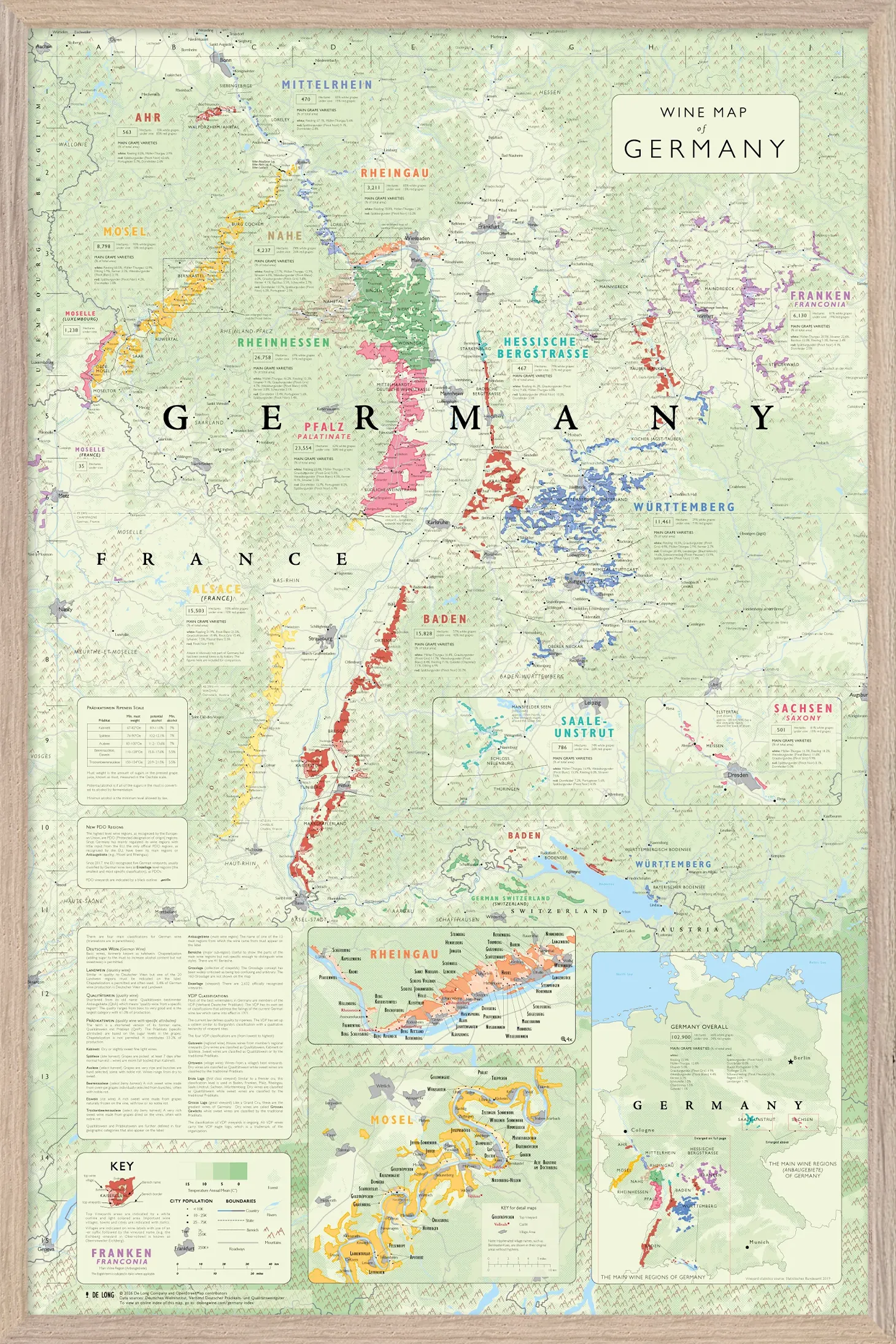 De Long's Wine Map of Germany Framed shows color-coded wine regions and key features in a detailed wood frame.