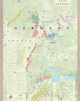 De Long's Wine Map of Germany Framed shows color-coded wine regions and key features in a detailed wood frame.