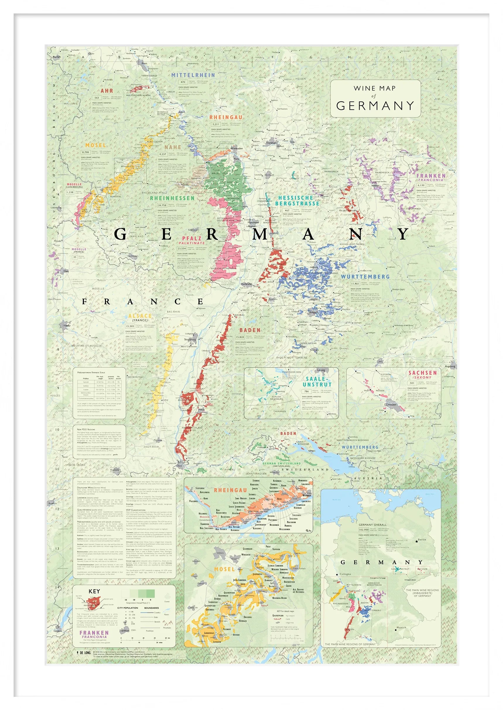 De Long Wine Map of Germany Framed features colorful wine regions, key, and detailed inset maps.