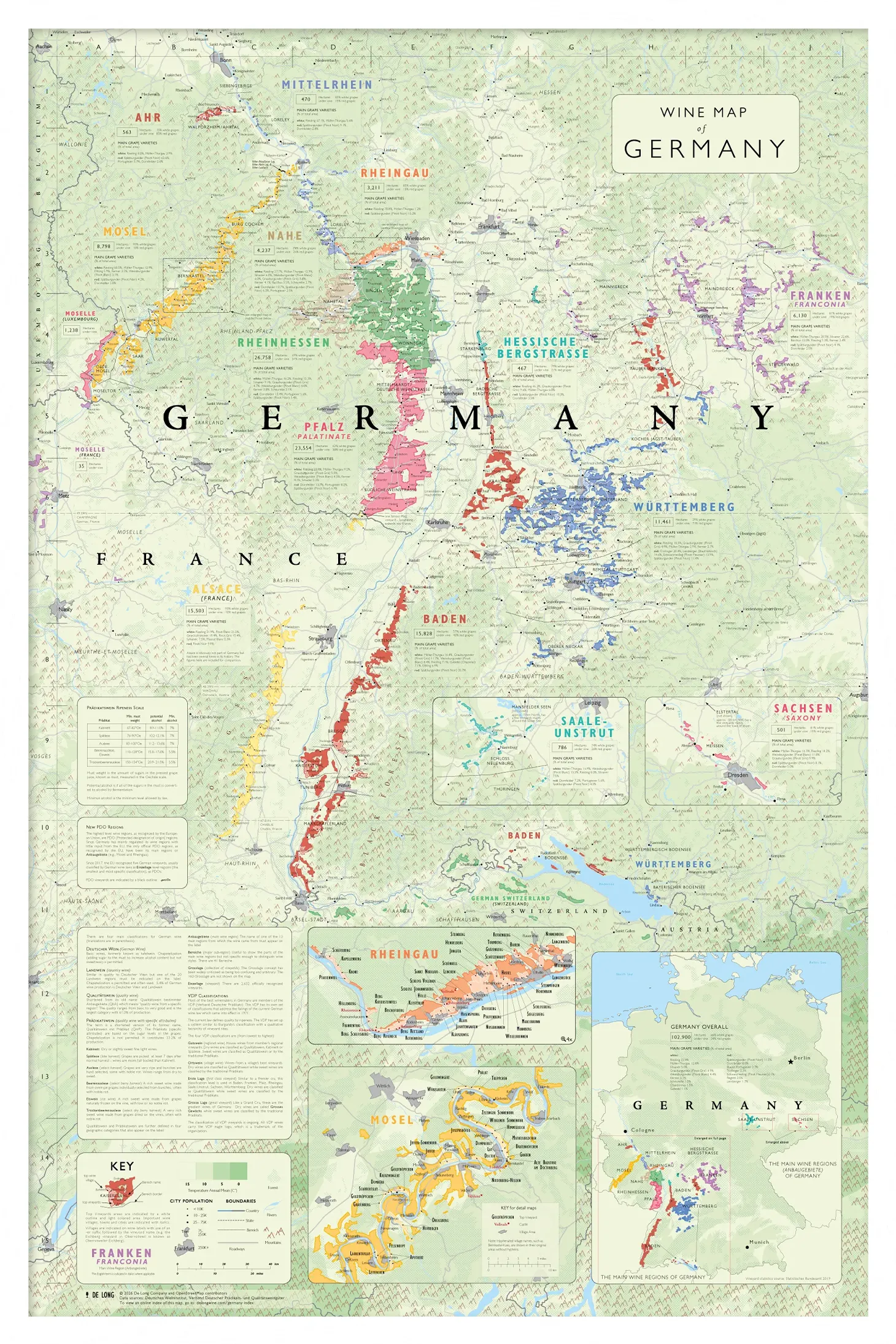 De Long's Wine Map of Germany Framed displays German wine regions in color with labels and detailed insets.