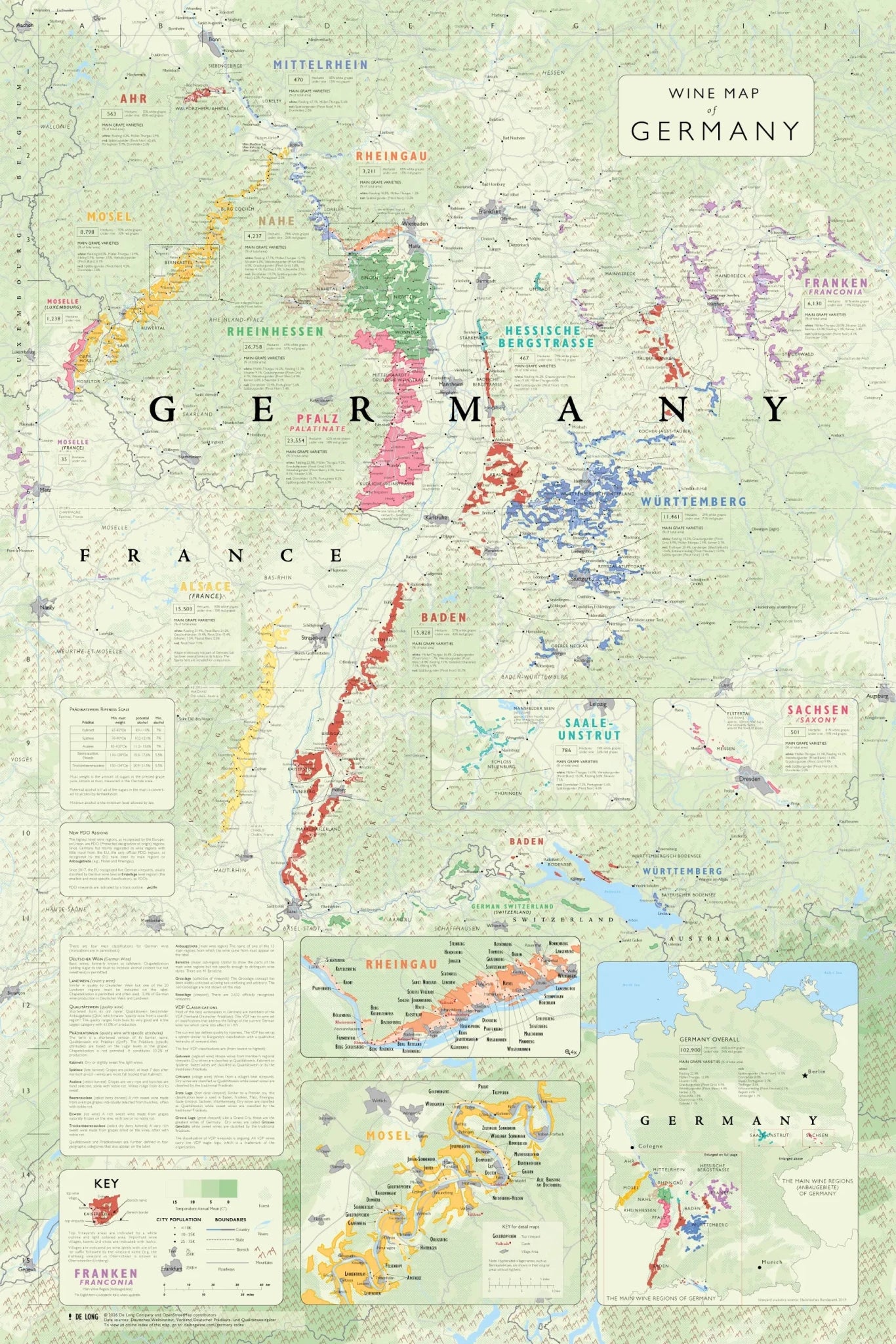 De Long Wine Map of Germany poster featuring major wine regions with highlighted areas and detailed inset maps.
