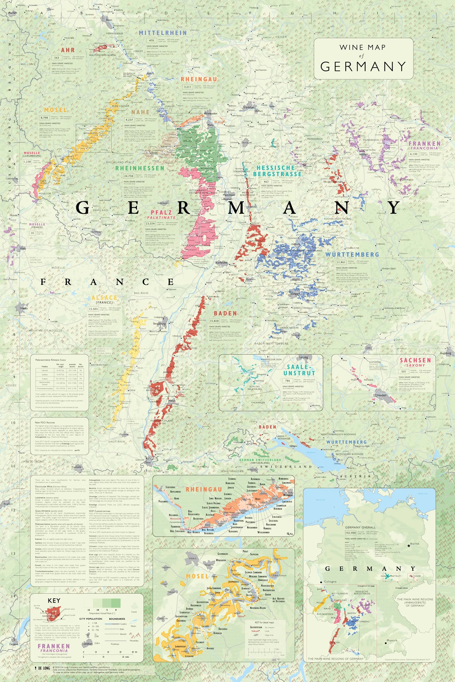 De Long Wine Map of Germany poster featuring major wine regions with highlighted areas and detailed inset maps.
