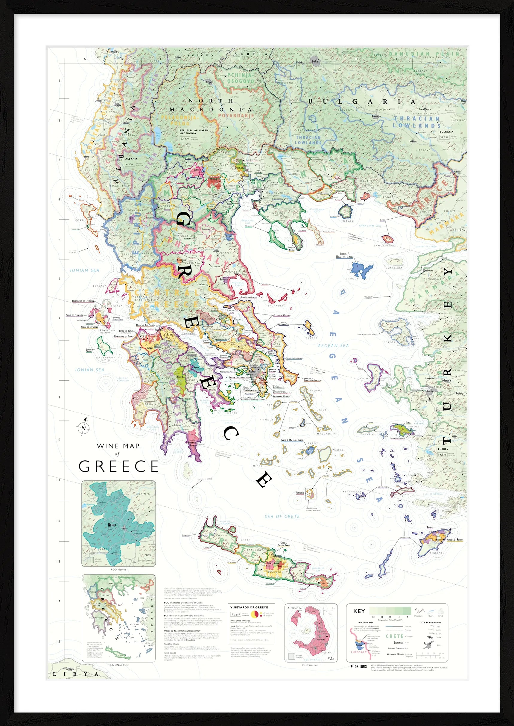 De Long Wine Map of Greece Framed shows PDO, PGI regions, borders, major cities &amp; surrounding countries and seas.