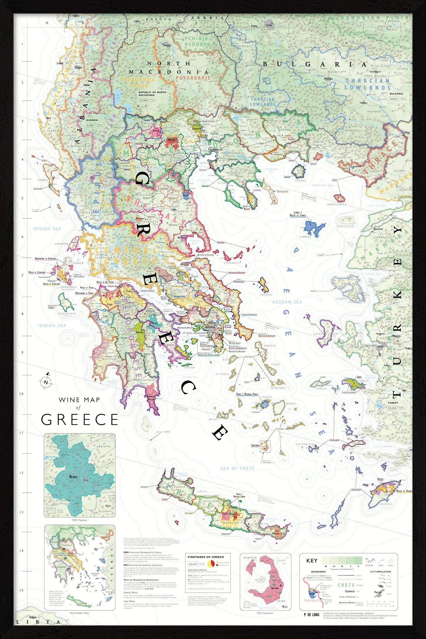 De Long Wine Map of Greece Framed: features PDO/PGI regions, islands, borders, and a color-coded key.