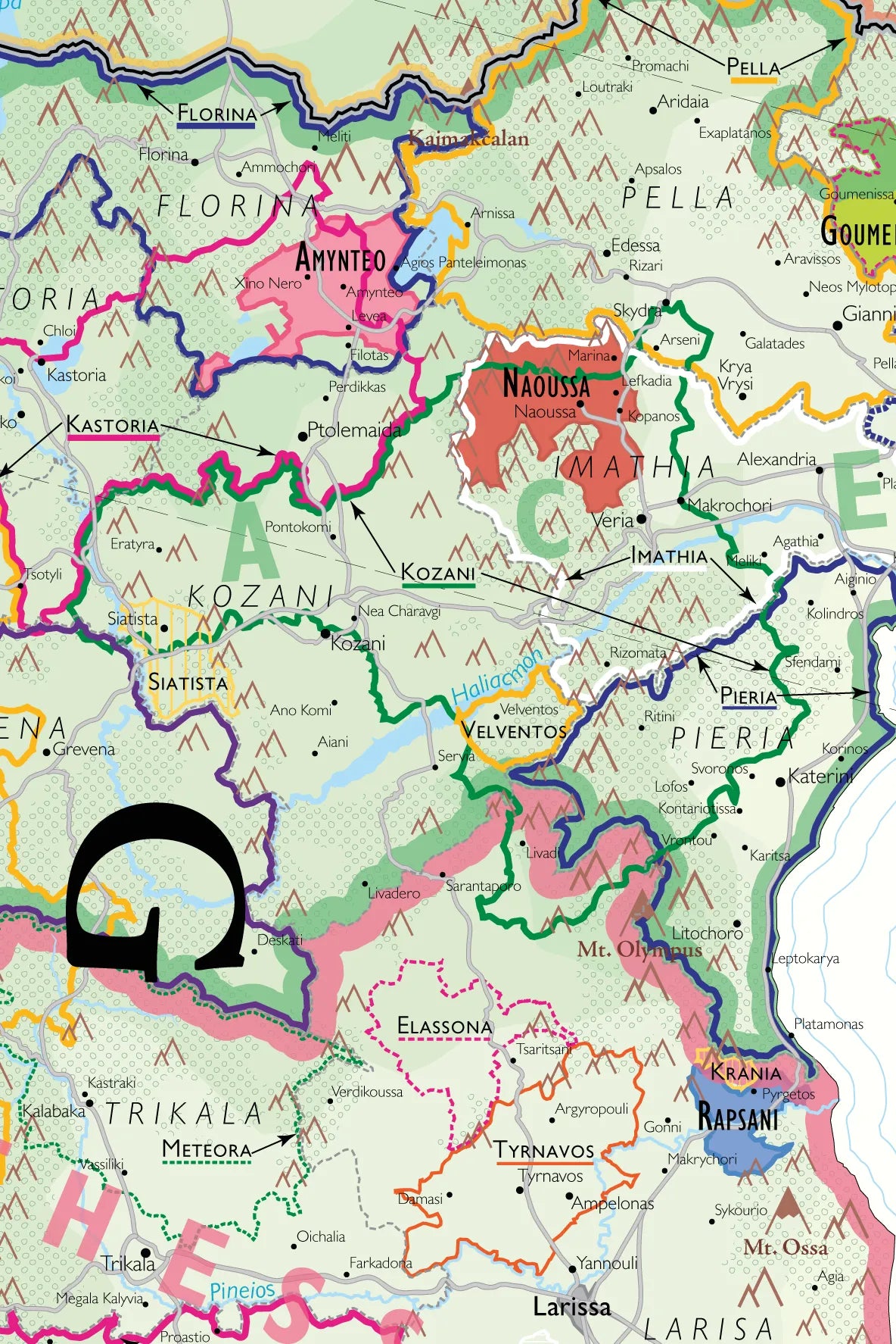 De Long Wine Map of Greece highlights northern areas, cities, borders, and key wine regions with bold outlines.