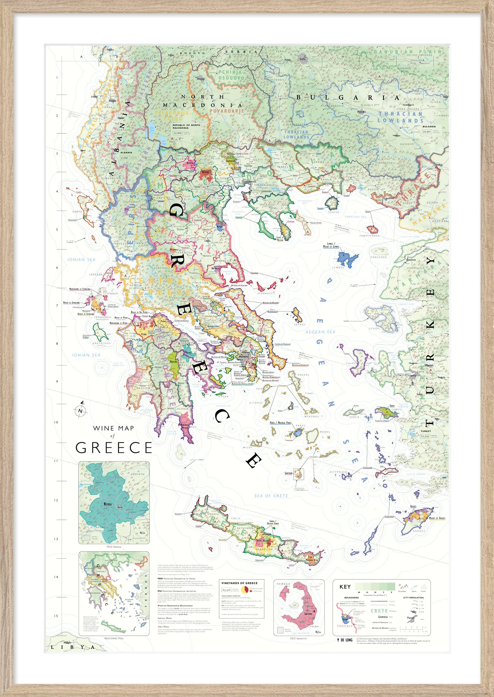 De Long Wine Map of Greece Framed features PDO/PGI regions, islands, and boundaries in vibrant colors.