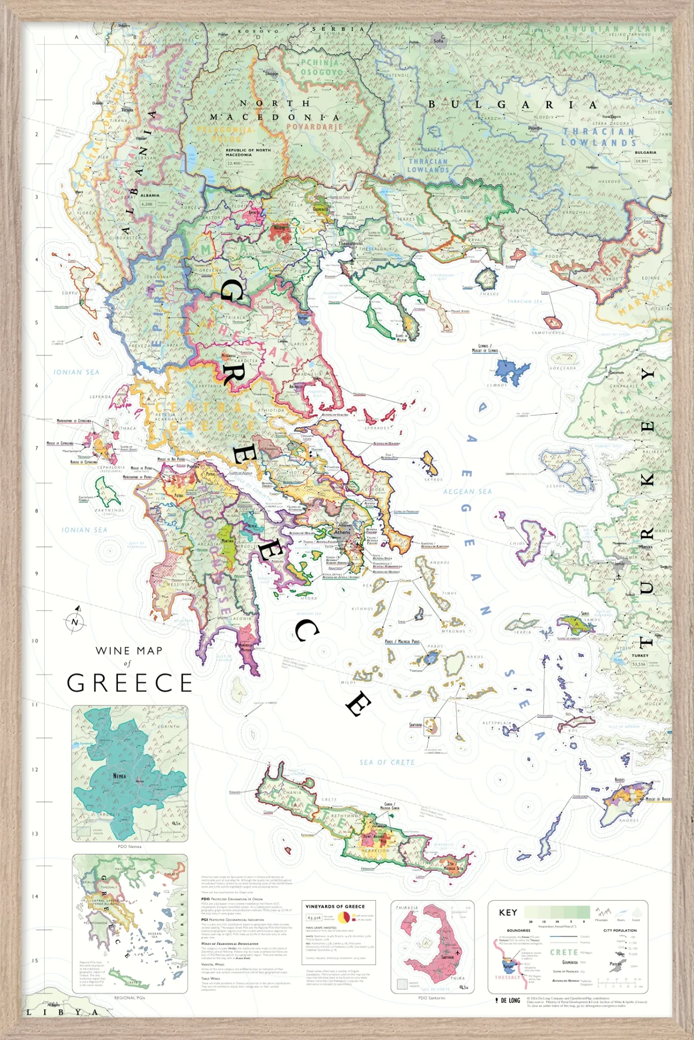 De Long Wine Map of Greece Framed features labeled PDO/PGI regions, islands, key, and inset maps.