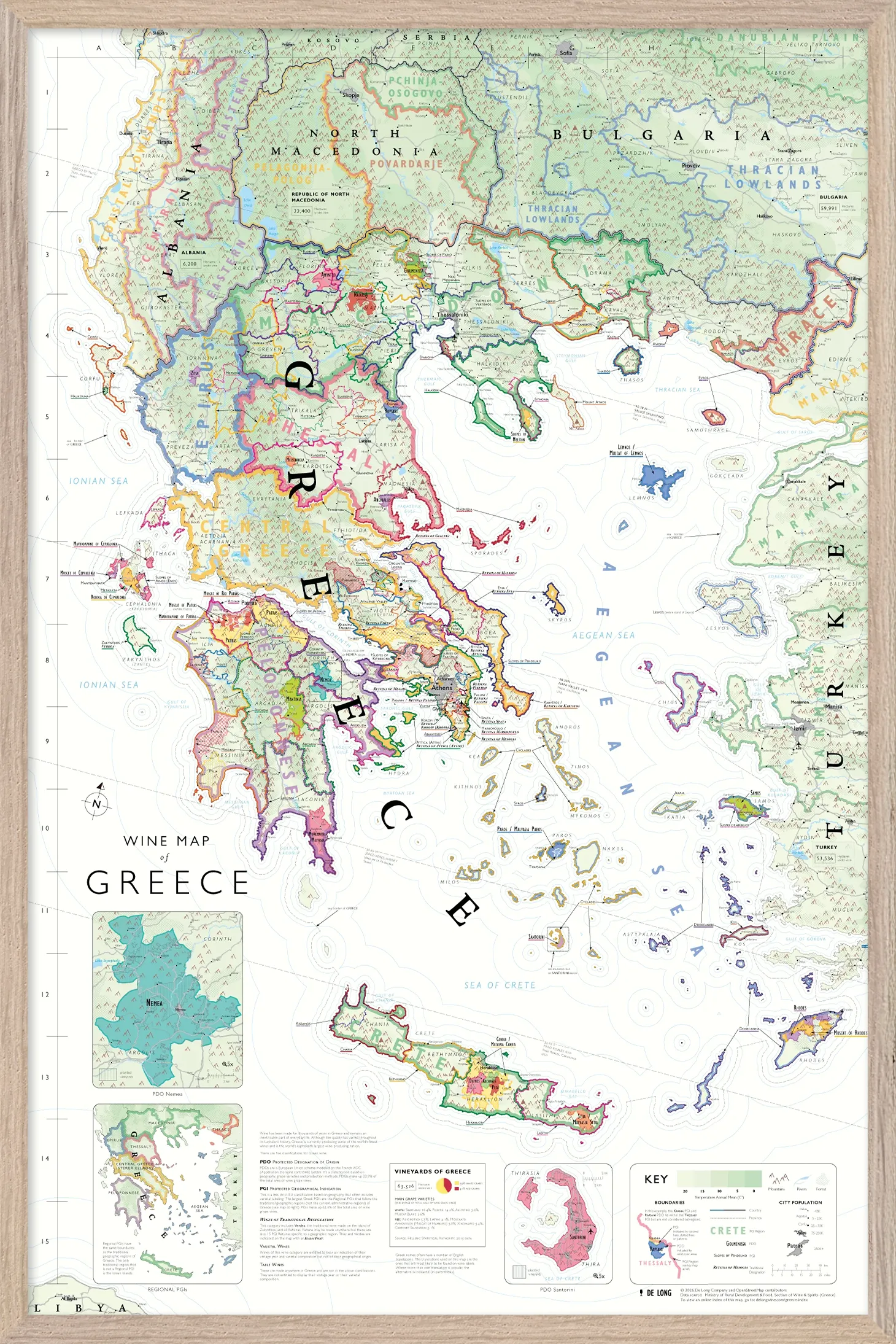 De Long Wine Map of Greece Framed features labeled PDO/PGI regions, islands, key, and inset maps.
