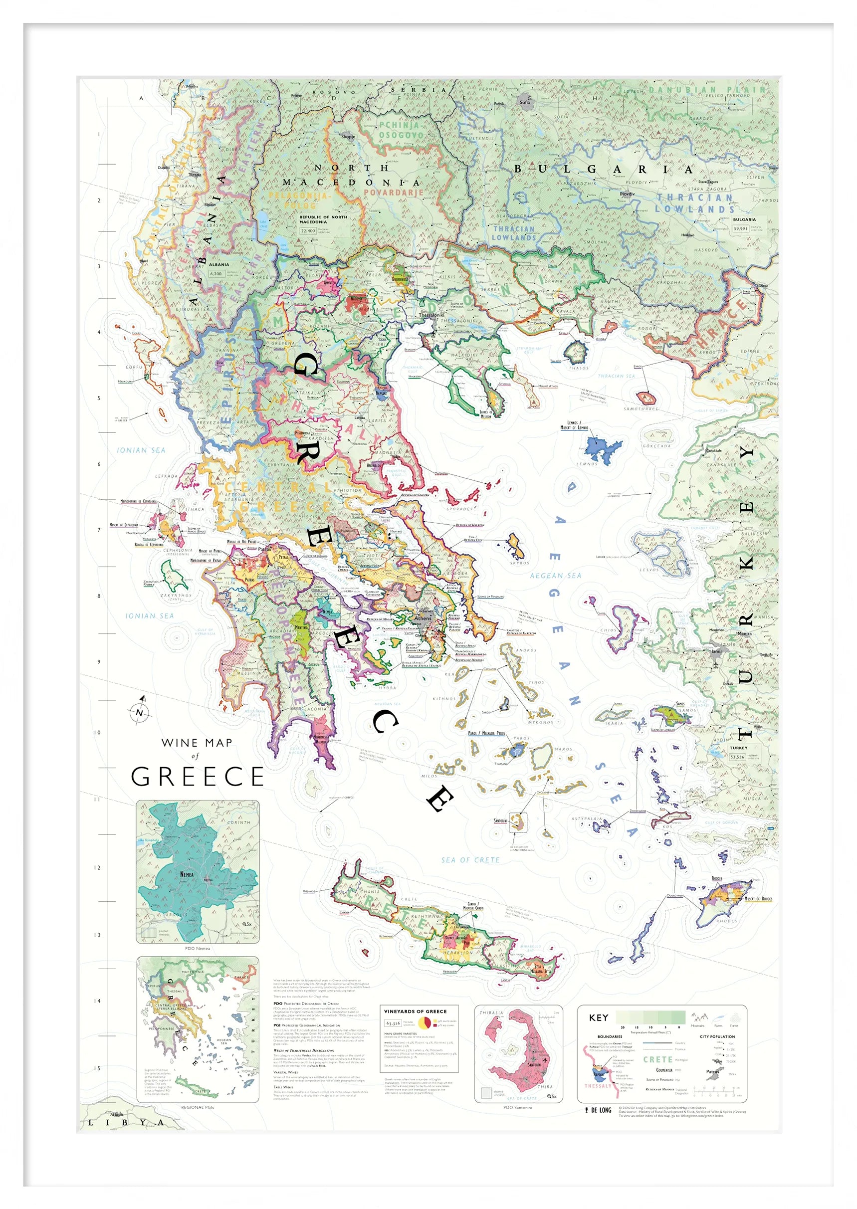 De Long Wine Map of Greece Framed shows borders, key winemaking areas, and all major PDO and PGI regions.