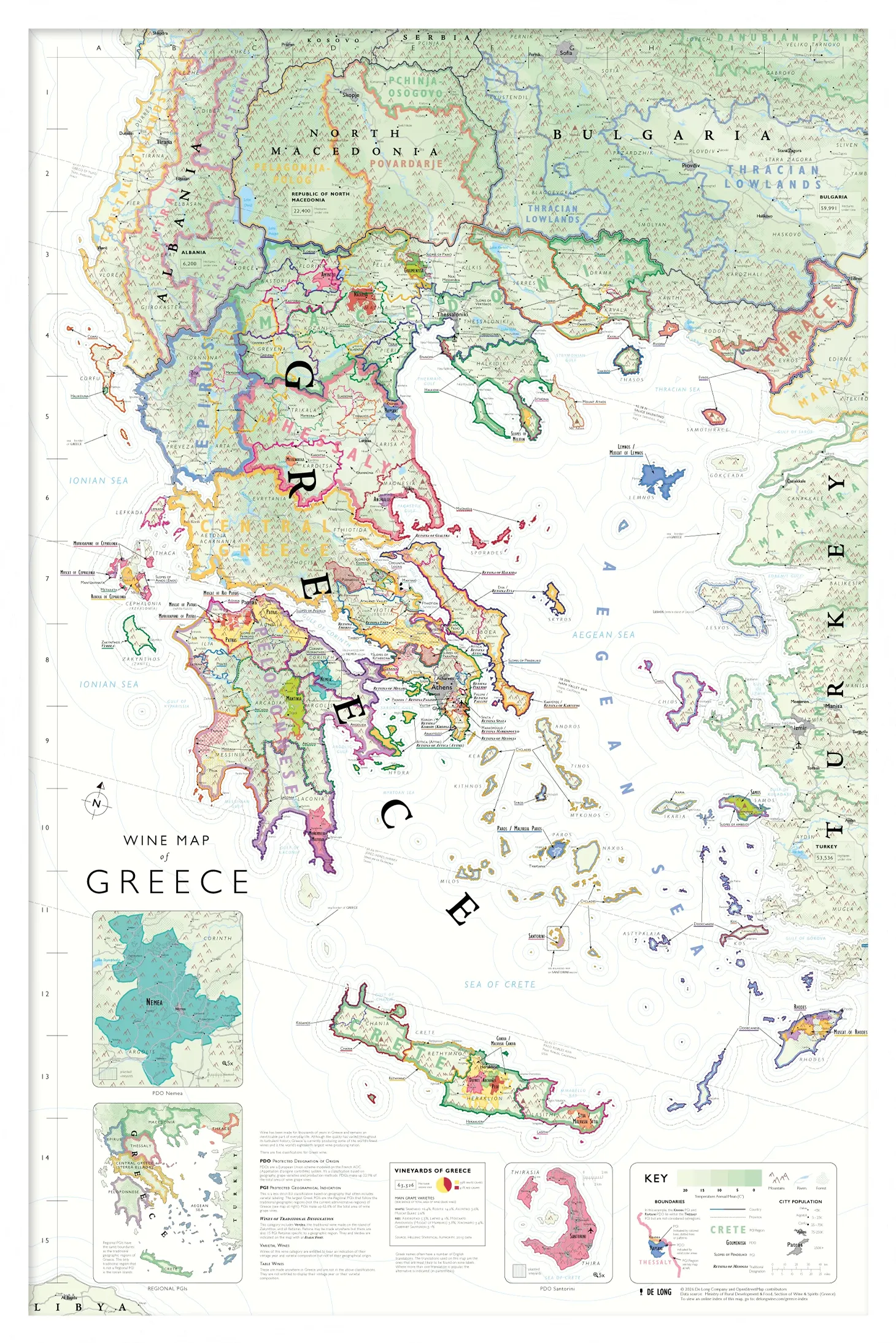 De Long Wine Map of Greece Framed shows PDO &amp; PGI regions, vineyards, and colorful geographic features.