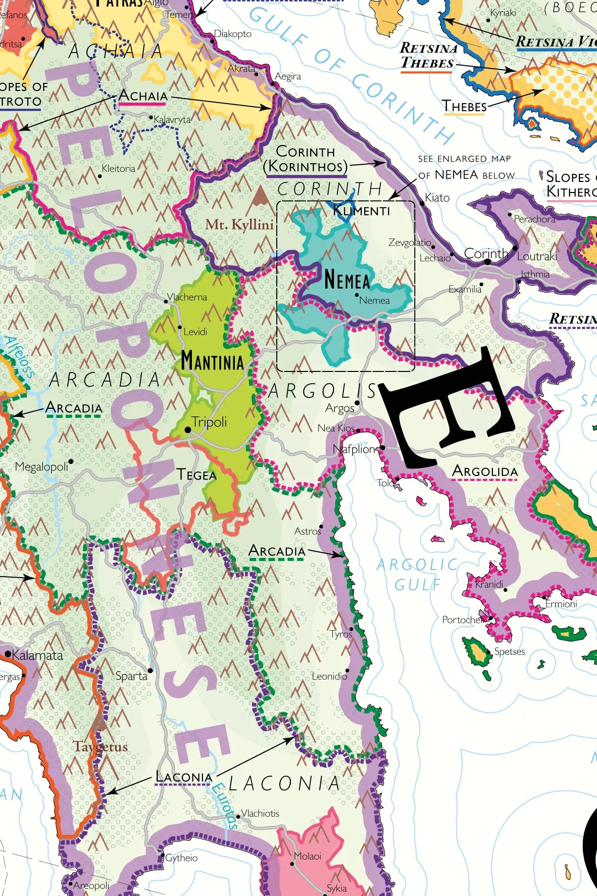 De Long Wine Map of Greece features colorful regions like Argolis, Arcadia, Laconia, and Corinth.