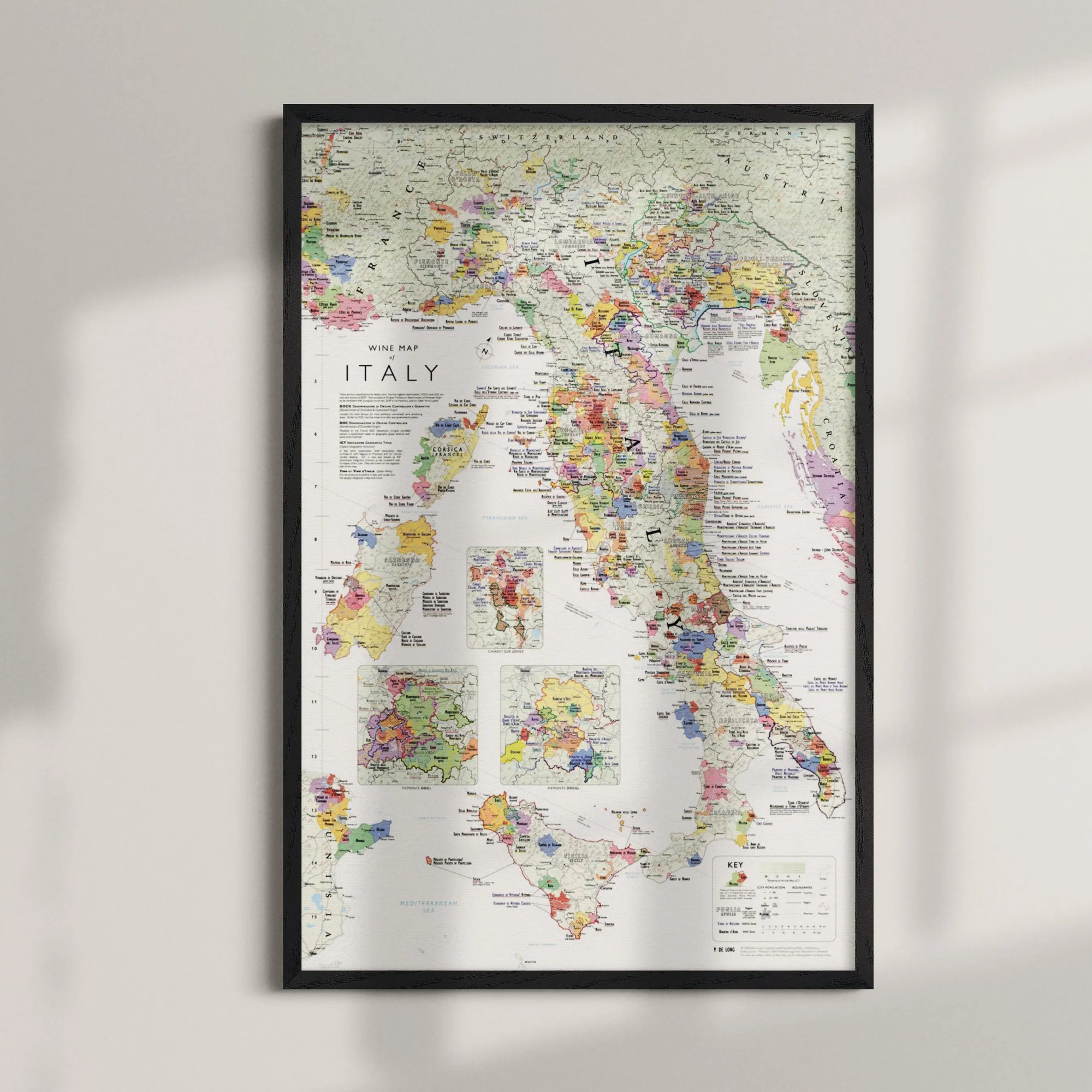 De Long Wine Map of Italy Framed, 24x36", shows regions, cities &amp; detailed boundaries; wood frame, light wall.