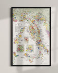 De Long Wine Map of Italy Framed, 24x36", shows regions, cities & detailed boundaries; wood frame, light wall.