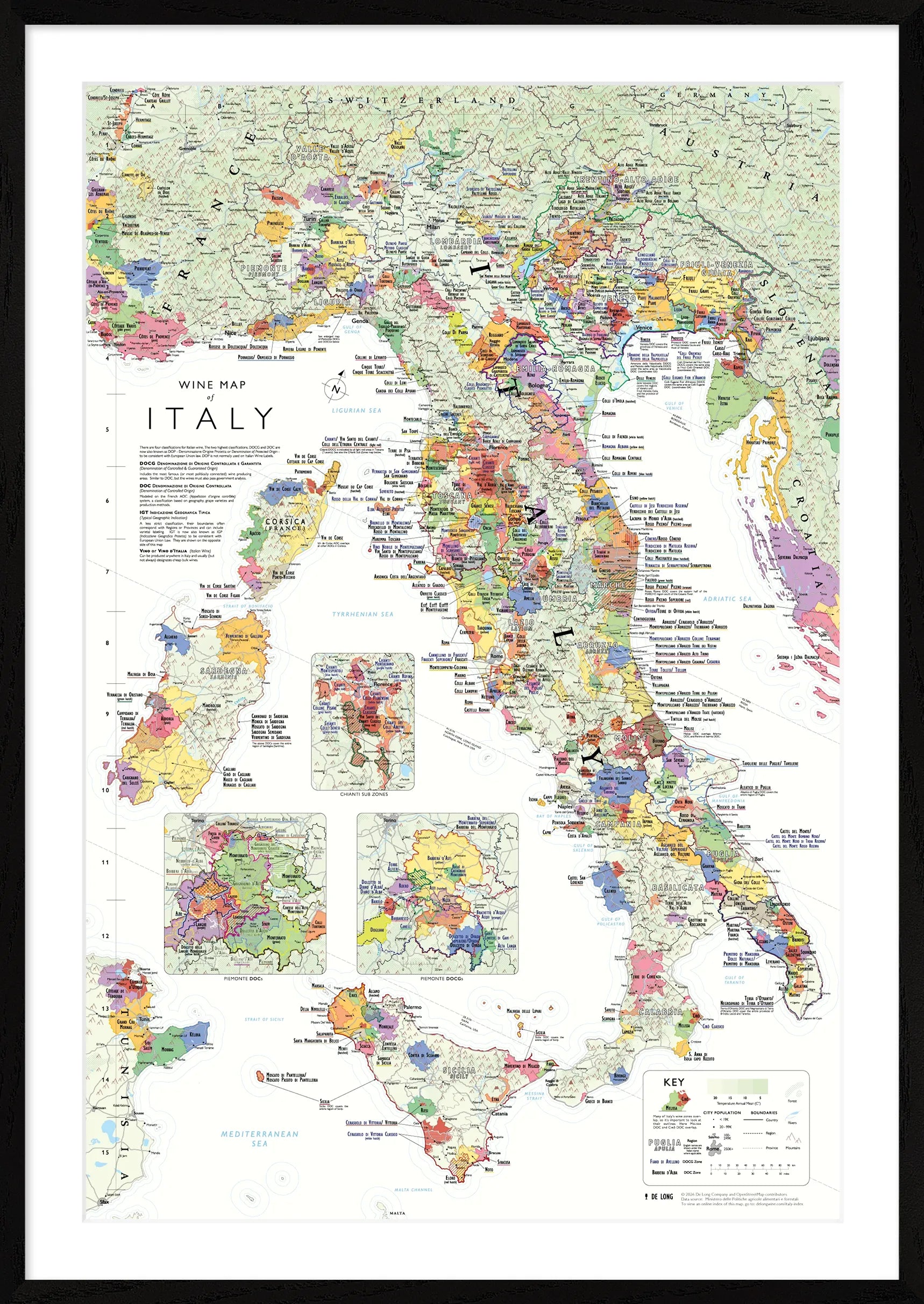 De Long Wine Map of Italy Framed features vibrant DOC/DOCG regions and a labeled key in a detailed wood frame.