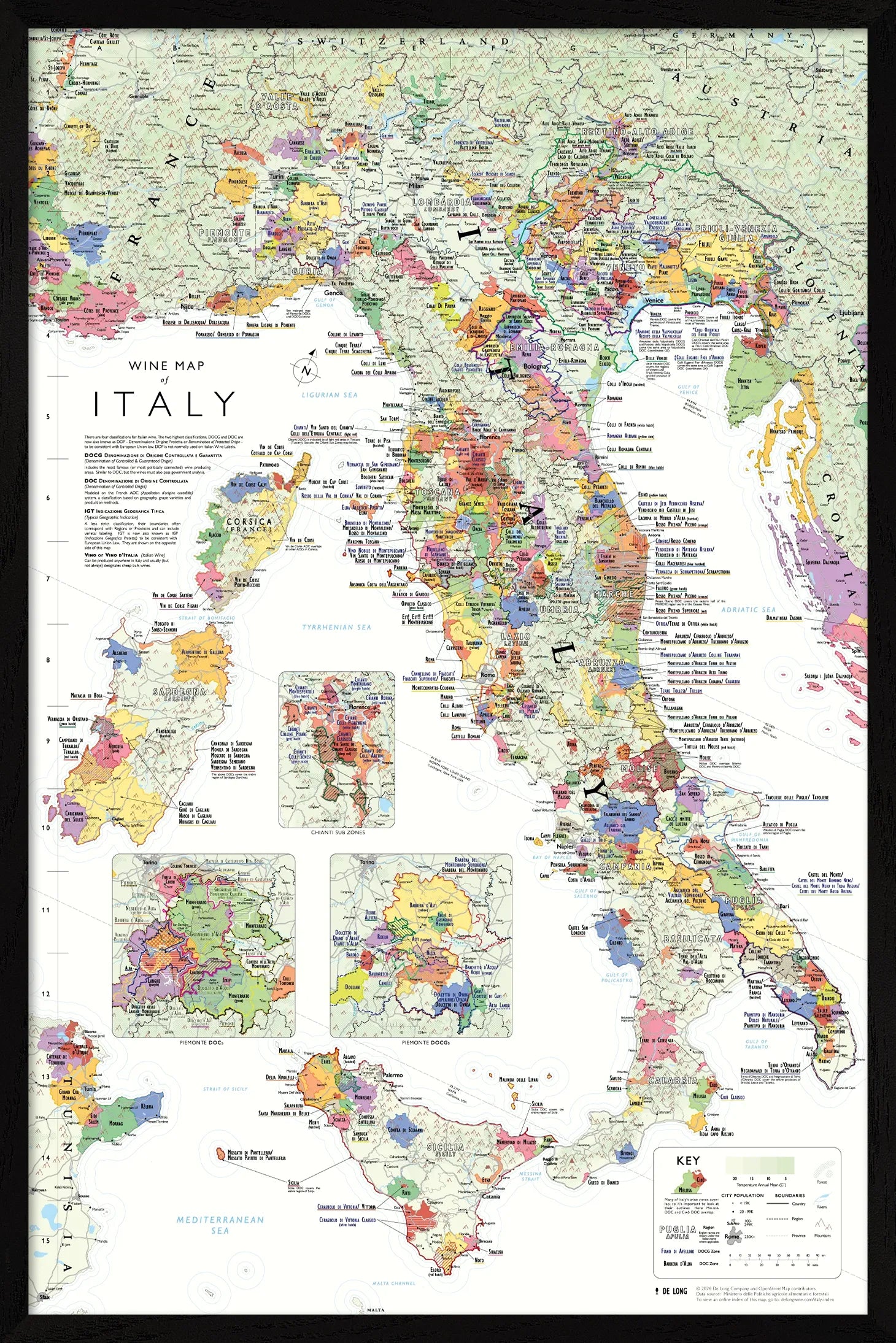 De Long Wine Map of Italy Framed shows DOC/DOCG regions with colored labels for each wine type.