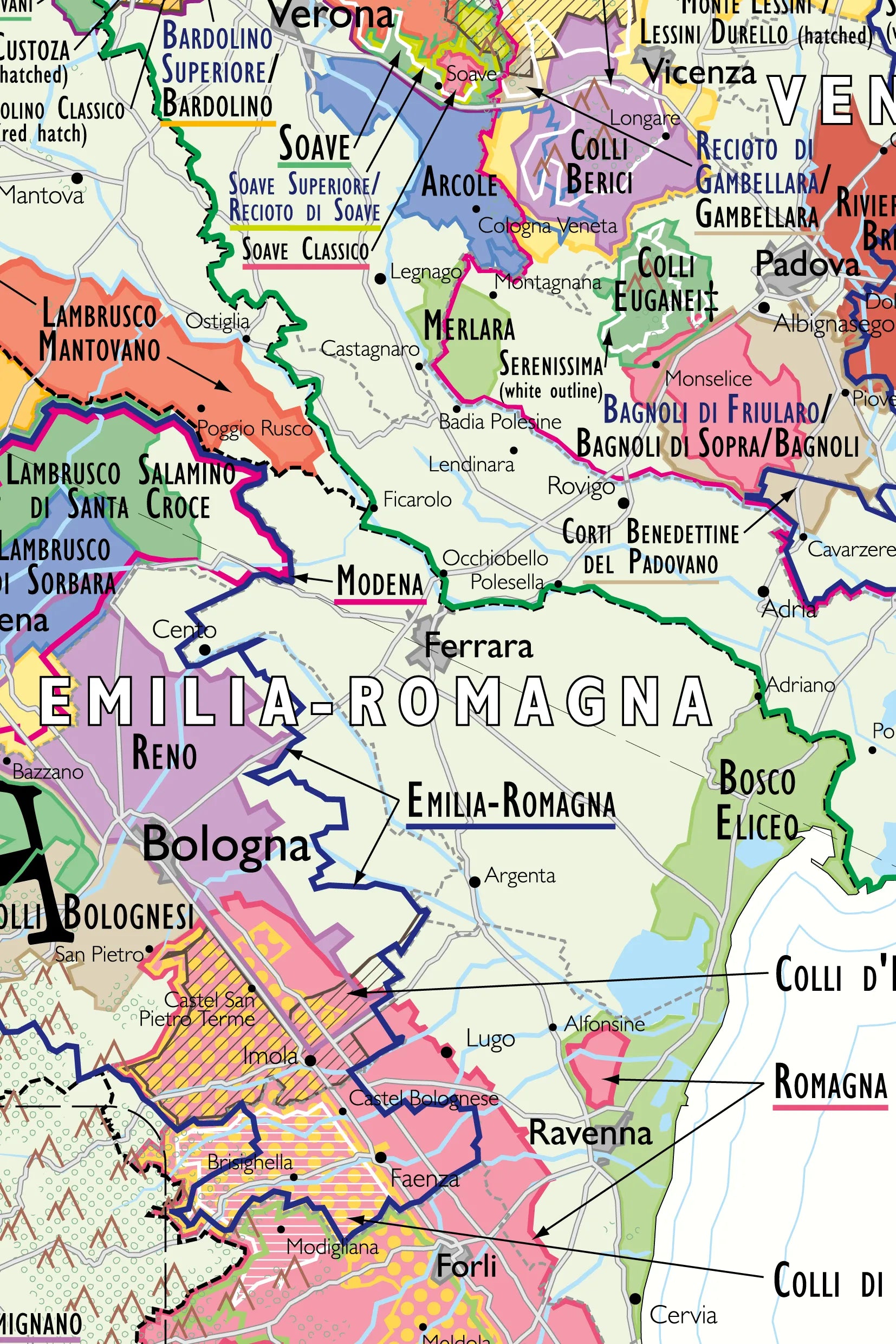 De Long’s Wine Map of Italy highlights Emilia-Romagna cities and wine regions with colorful design and bold labels.
