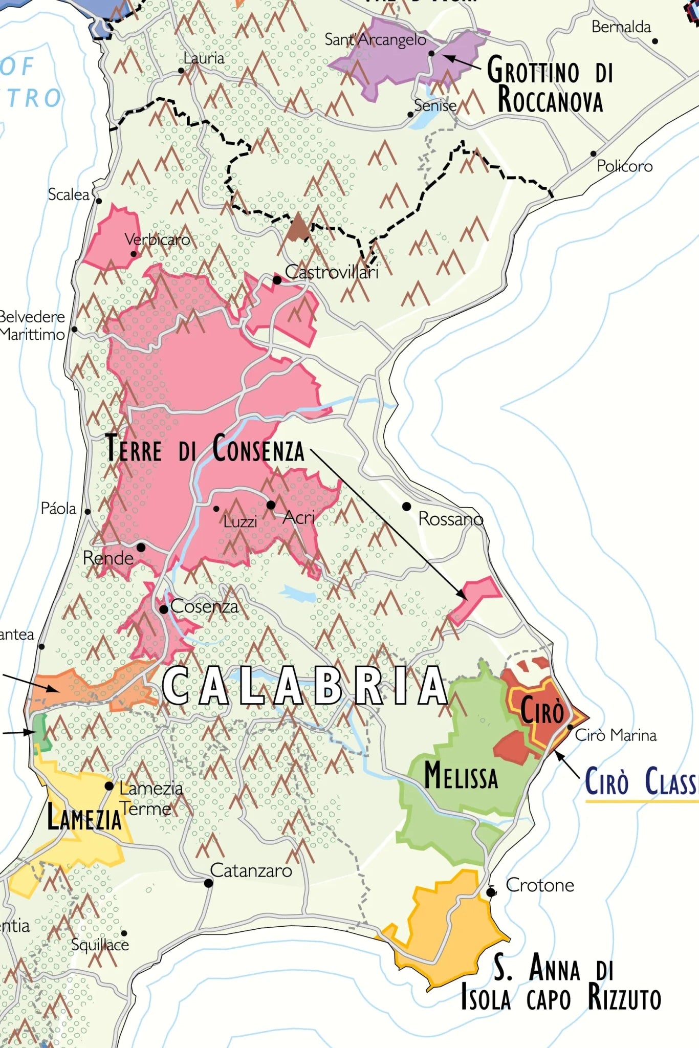 De Long Wine Map of Italy: detailed Calabria map with top wine regions Terre di Cosenza, Melissa, and Cirò.