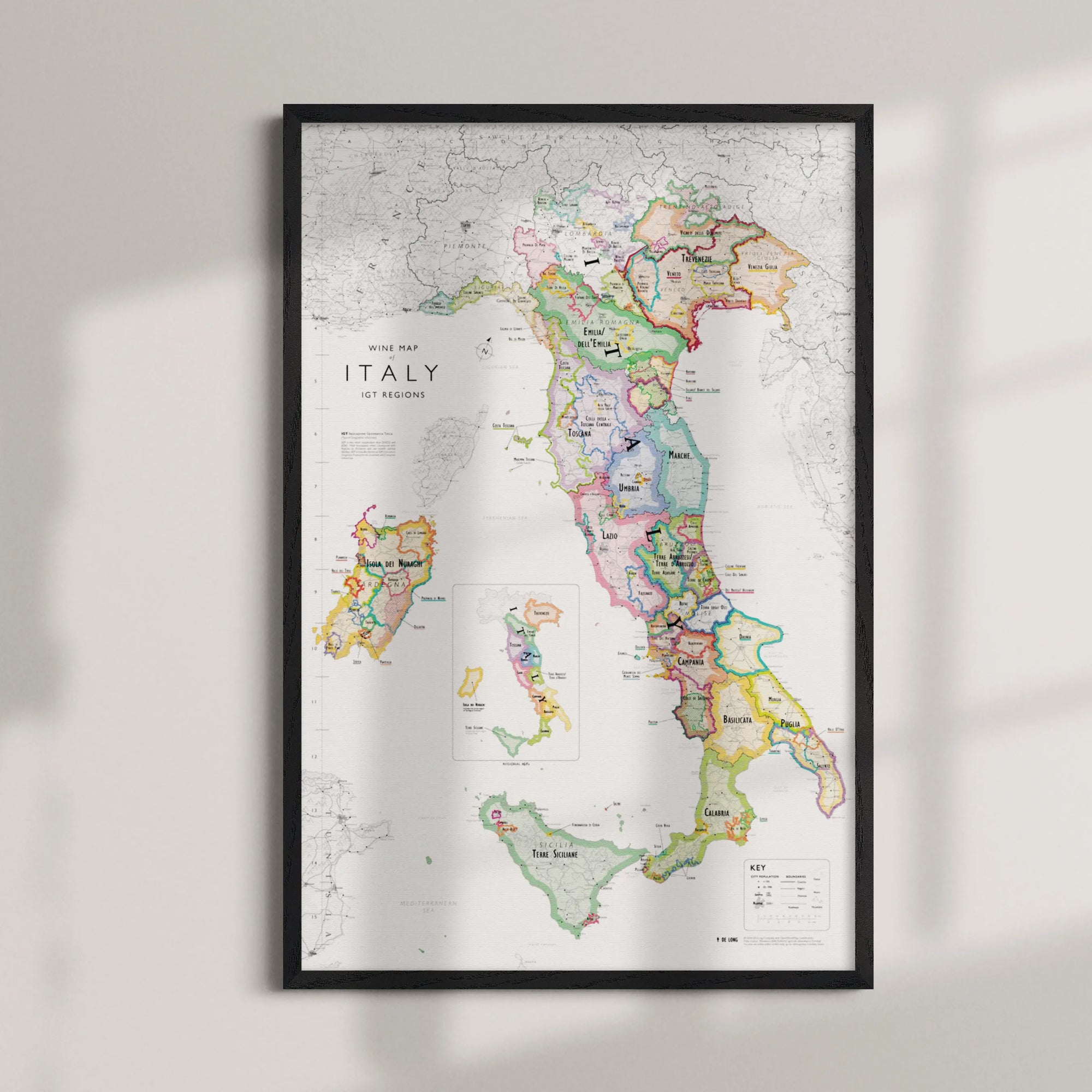 Wine Map of Italy IGTs Framed: This vibrant, wood-framed map highlights Italy’s IGT wine regions with clear borders and a legend—perfect for display on a light-colored wall.