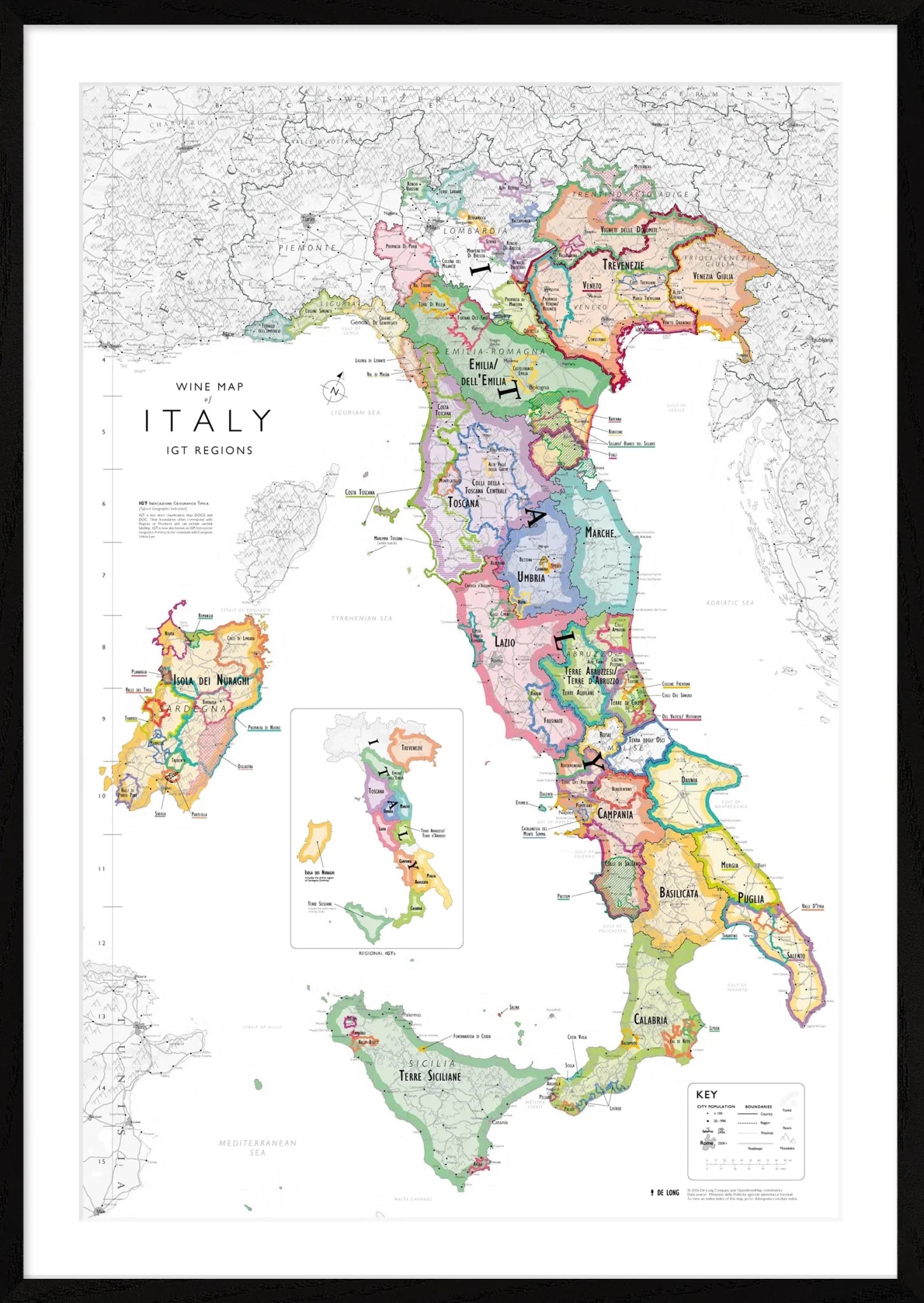 De Long's Wine Map of Italy IGTs Framed features color-coded regions, names, and clear borders in a wood frame.