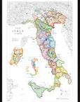 De Long's Wine Map of Italy IGTs Framed features color-coded regions, names, and clear borders in a wood frame.