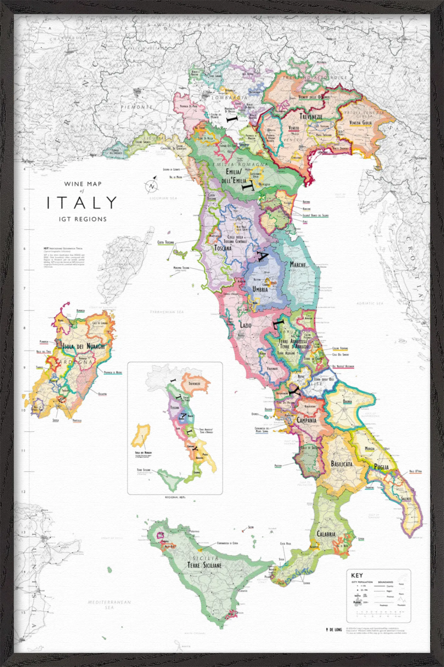 The Wine Map of Italy IGTs Framed features wood framing and displays all Italian wine regions, including IGTs, with names and colorful borders. Includes mainland, Sicily, Sardinia, a legend, and an inset map for easy reference.