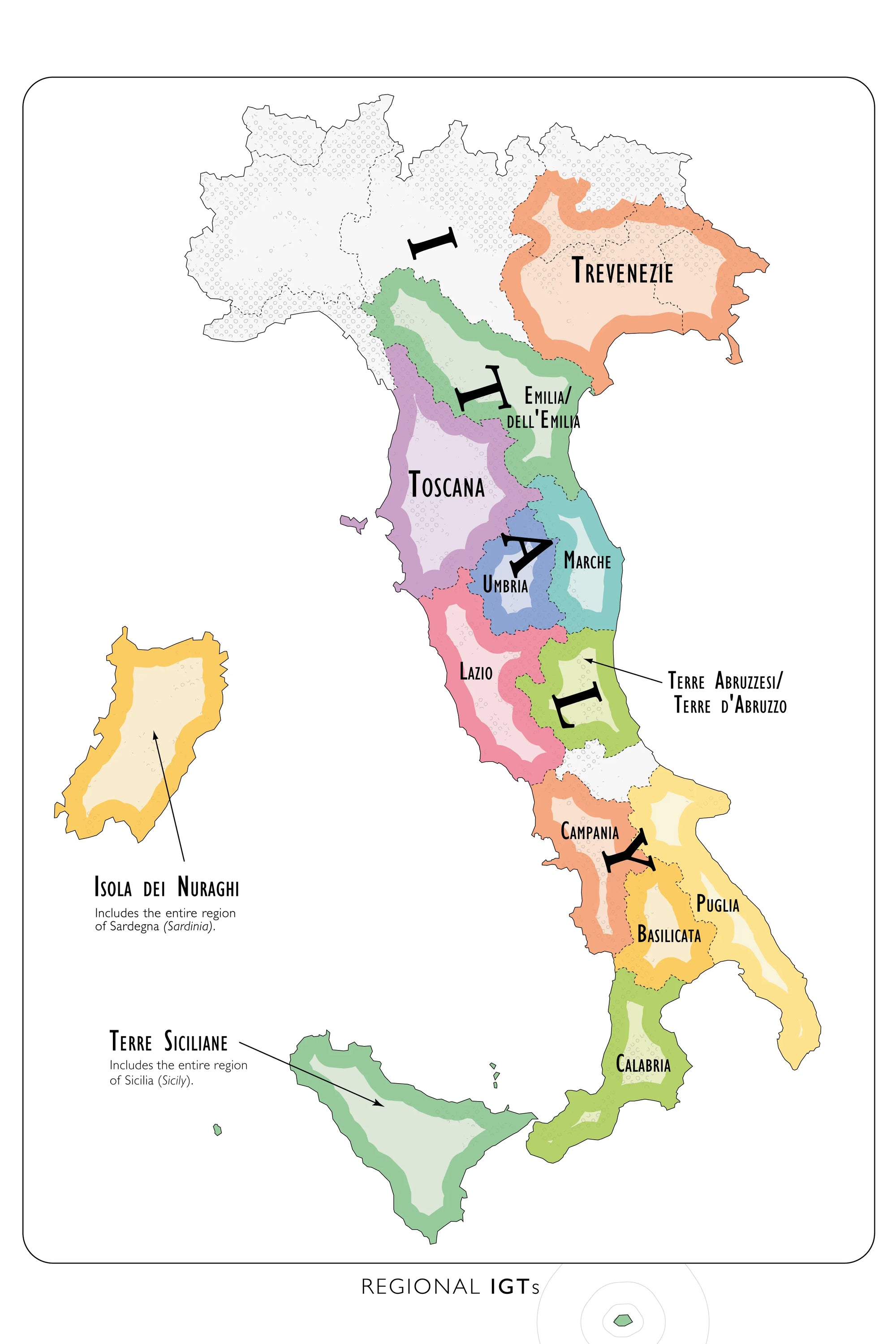 The Wine Map of Italy IGTs - Art Print is an extra-large, vibrant wall piece labeling Italian regions in various colors and highlighting IGT areas like Trevenezie, Toscana, and Umbria. Ideal for wine lovers and Italian geography fans.