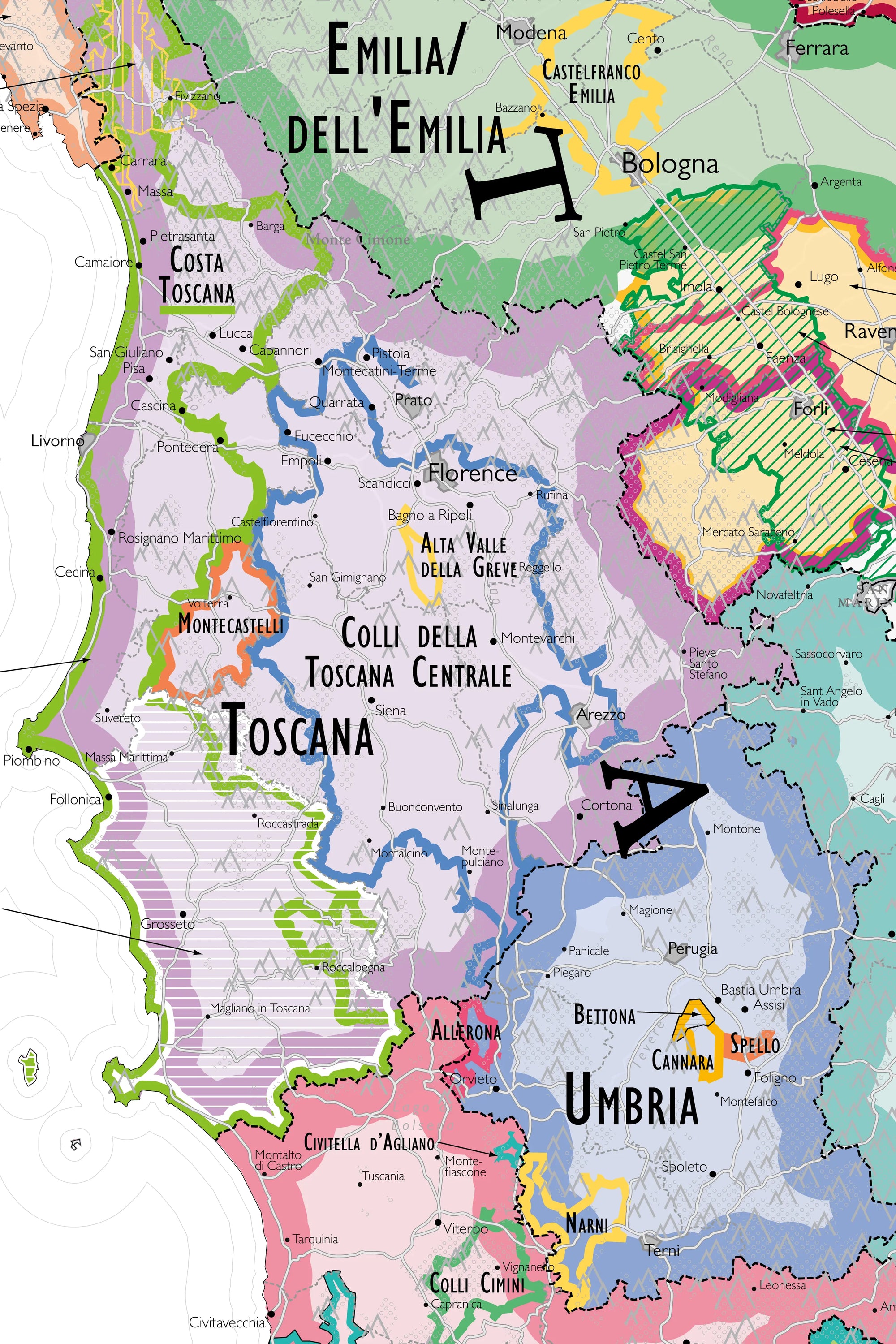 De Long's Wine Map of Italy IGTs highlights Tuscany &amp; Umbria wine regions, cities, and appellations in vibrant detail.