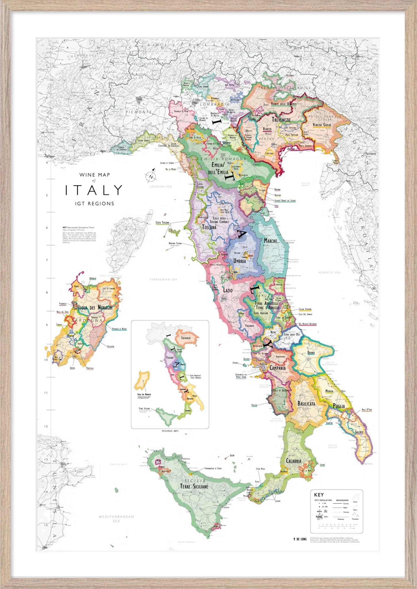 De Long’s Wine Map of Italy IGTs Framed features color-coded regions with highlighted names and boundaries.